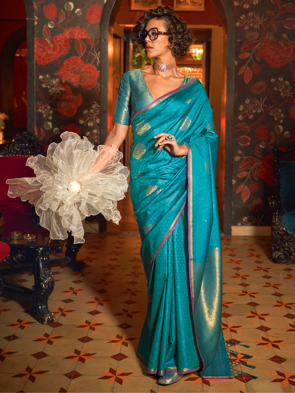 Beautiful Sky Blue Zari Weaving Silk Traditional Saree With Blouse - Zeel Clothing