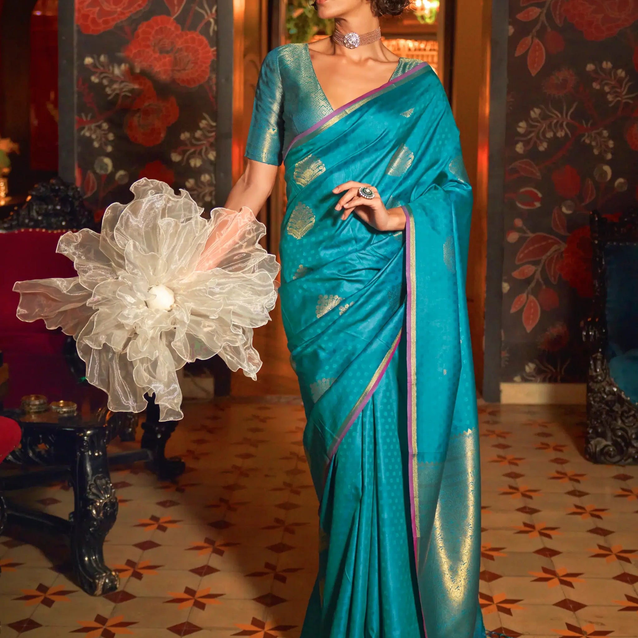 Beautiful Sky Blue Zari Weaving Silk Traditional Saree With Blouse - Zeel Clothing