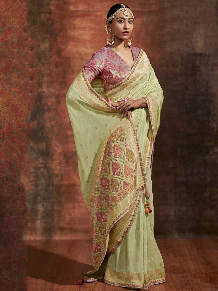 Beautiful Tea Green Woven Silk Festive Wear Saree