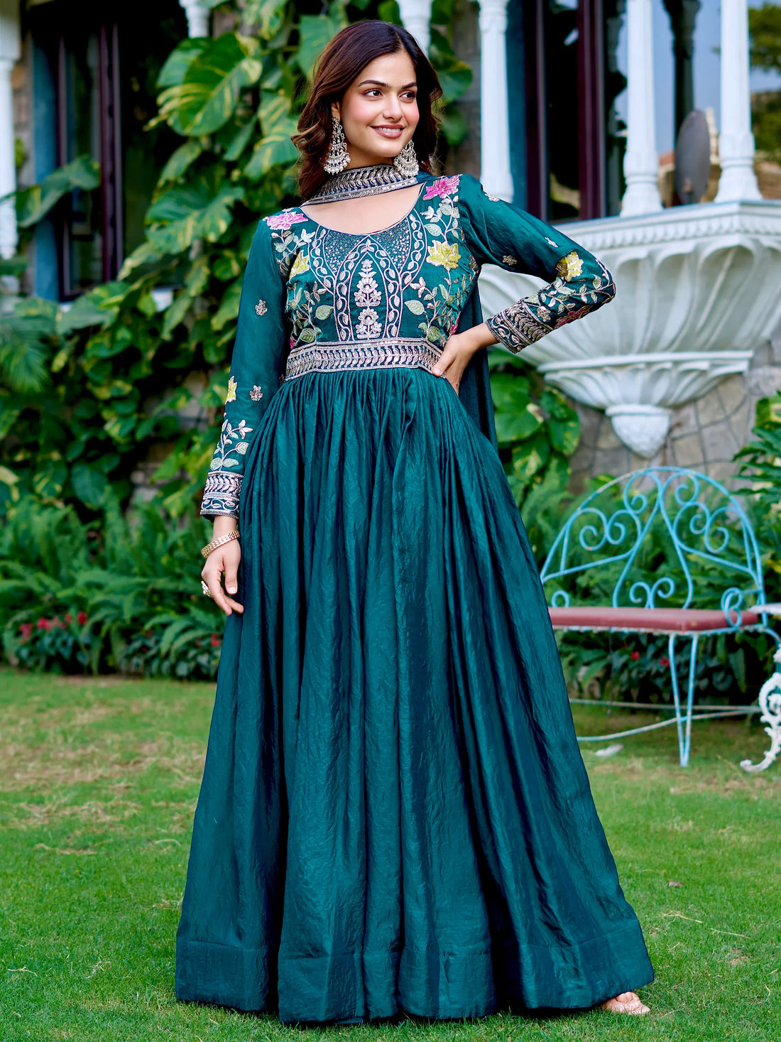 Beautiful Teal Blue Coding Work Silk Evening Wear Gown With Dupatta