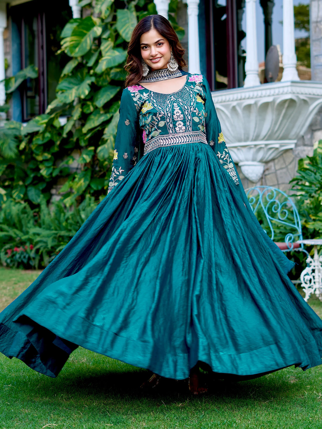 Beautiful Teal Blue Coding Work Silk Evening Wear Gown With Dupatta