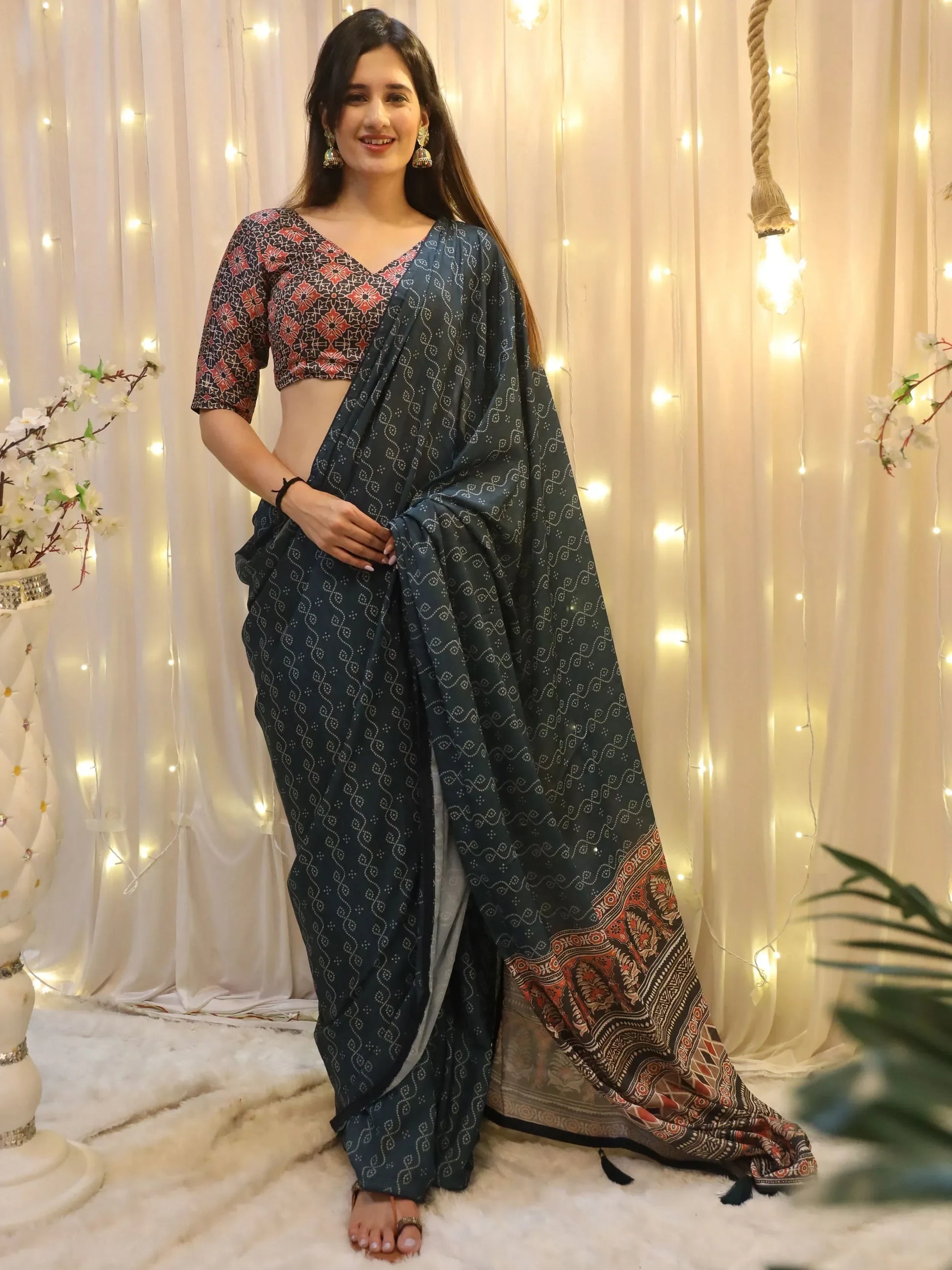Beautiful Teal Blue Digital Printed Crepe Saree With Blouse - Zeel Clothing