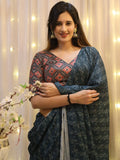 Beautiful Teal Blue Digital Printed Crepe Saree With Blouse - Zeel Clothing