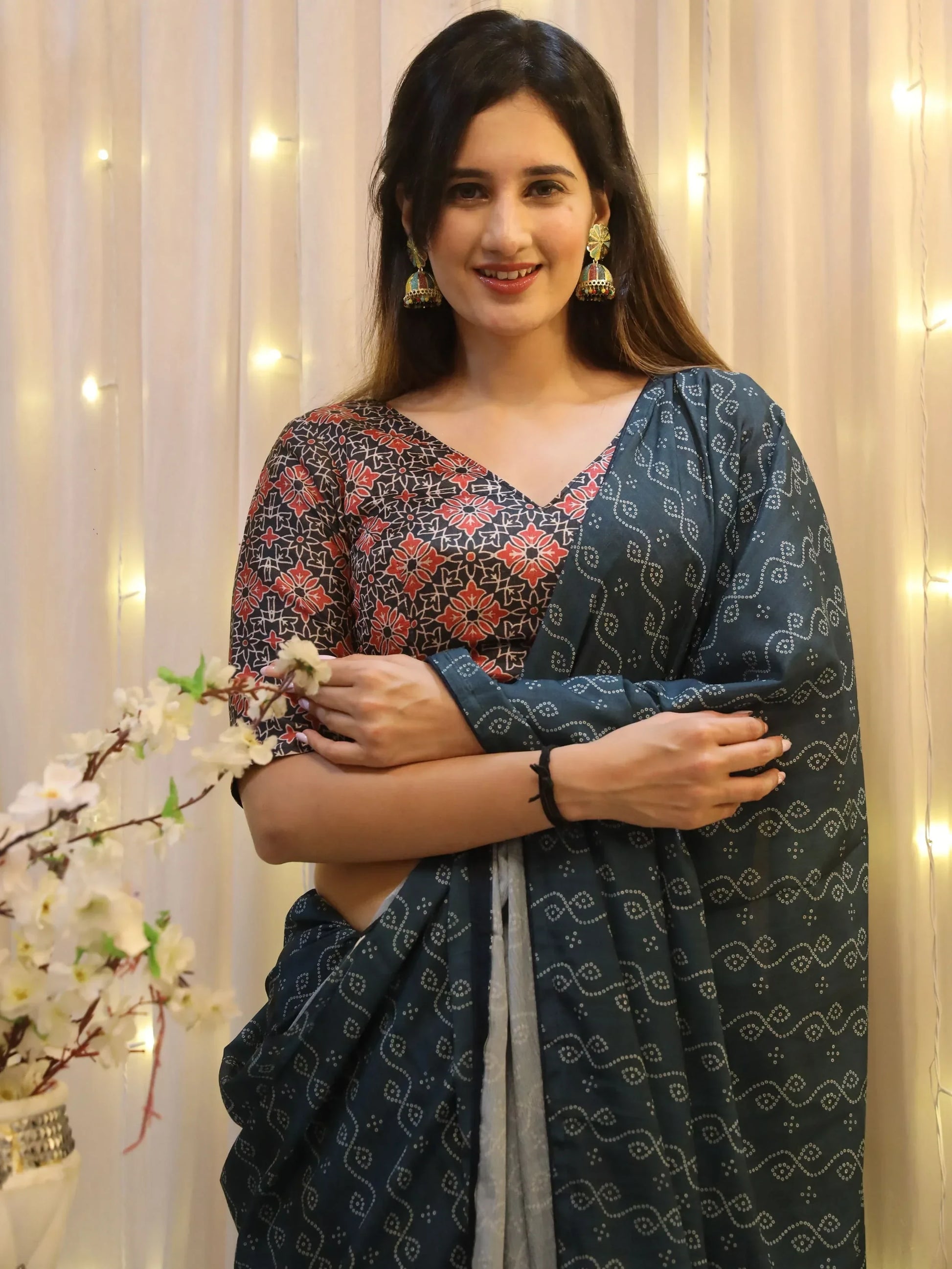 Beautiful Teal Blue Digital Printed Crepe Saree With Blouse - Zeel Clothing