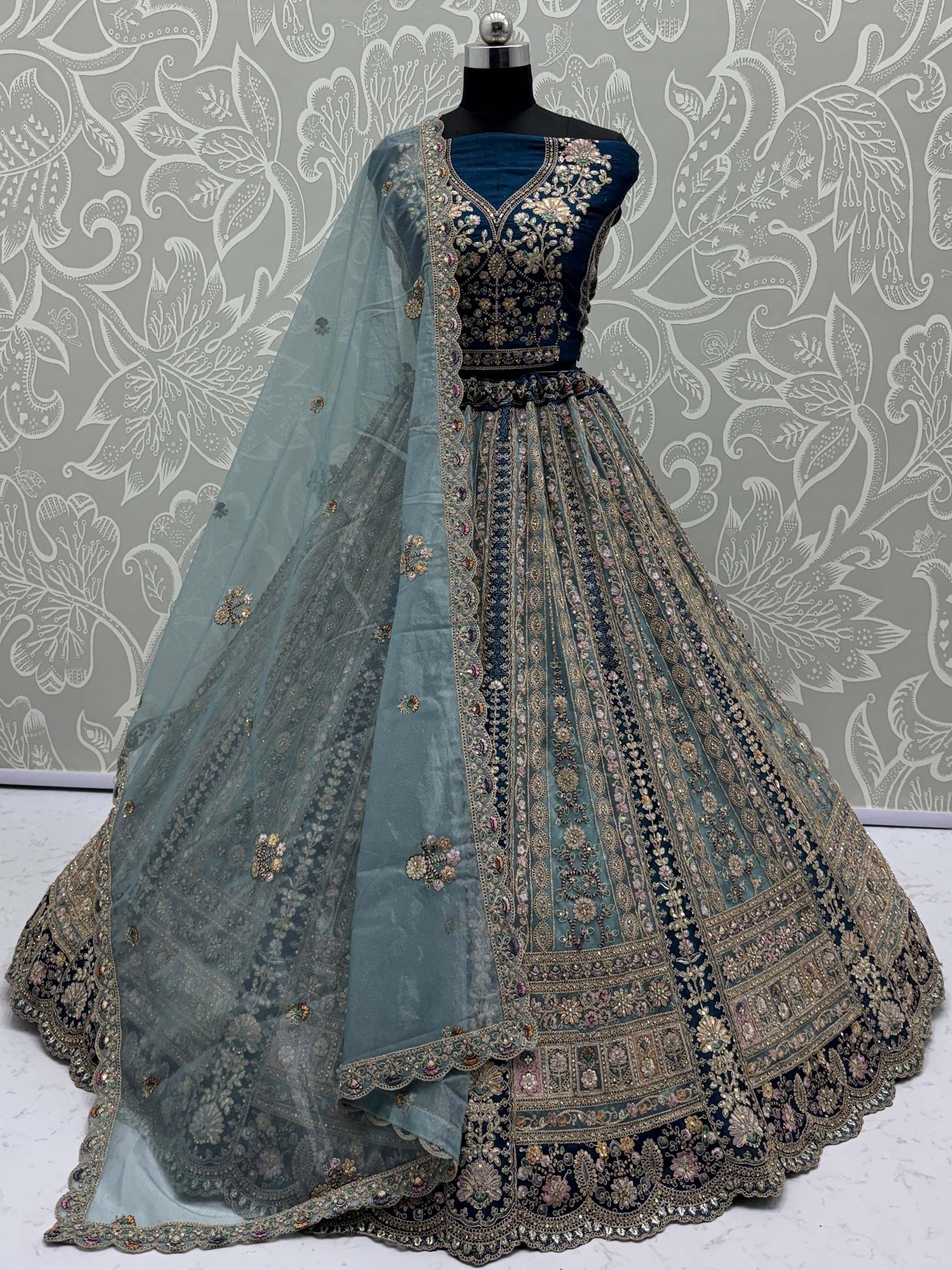 Beautiful Teal Blue Dori Embroidered Net Lehenga Choli With Dupatta