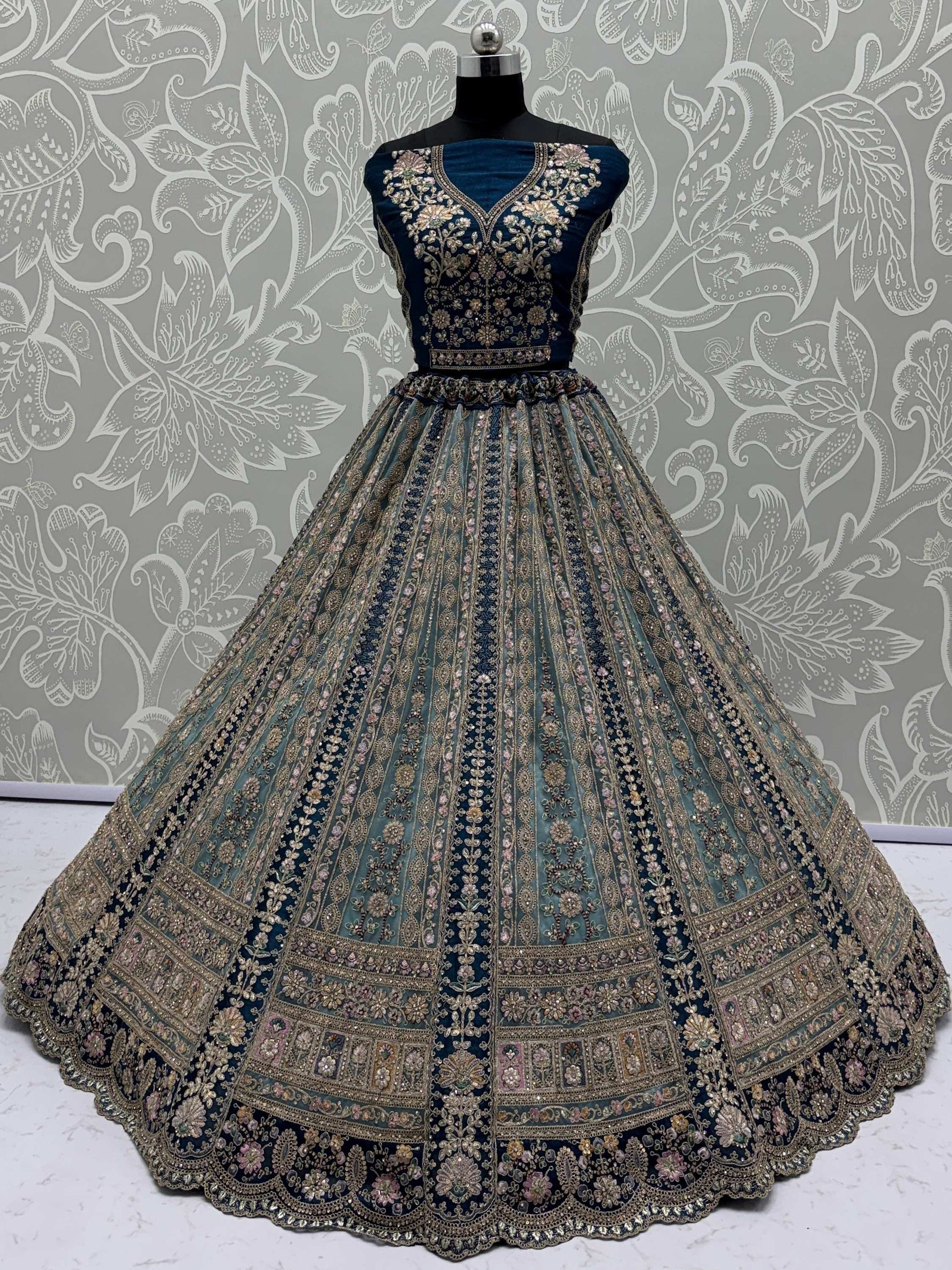 Beautiful Teal Blue Dori Embroidered Net Lehenga Choli With Dupatta