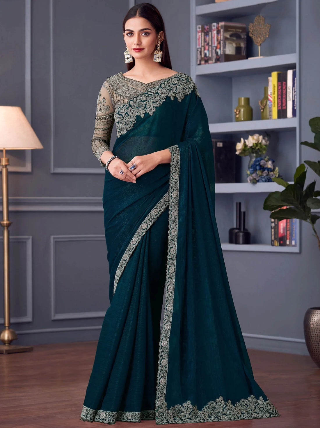 Beautiful Teal Blue Heavy Lace Work Georgette Wedding Saree - Zeel Clothing