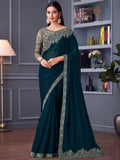 Beautiful Teal Blue Heavy Lace Work Georgette Wedding Saree - Zeel Clothing