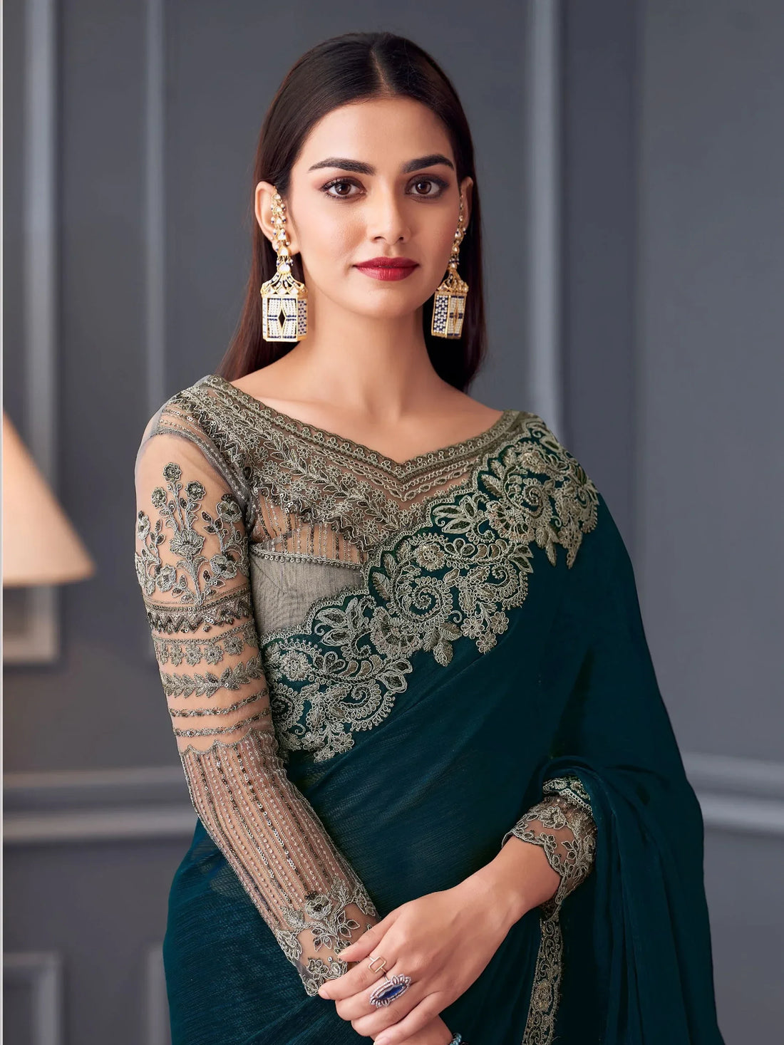 Beautiful Teal Blue Heavy Lace Work Georgette Wedding Saree - Zeel Clothing