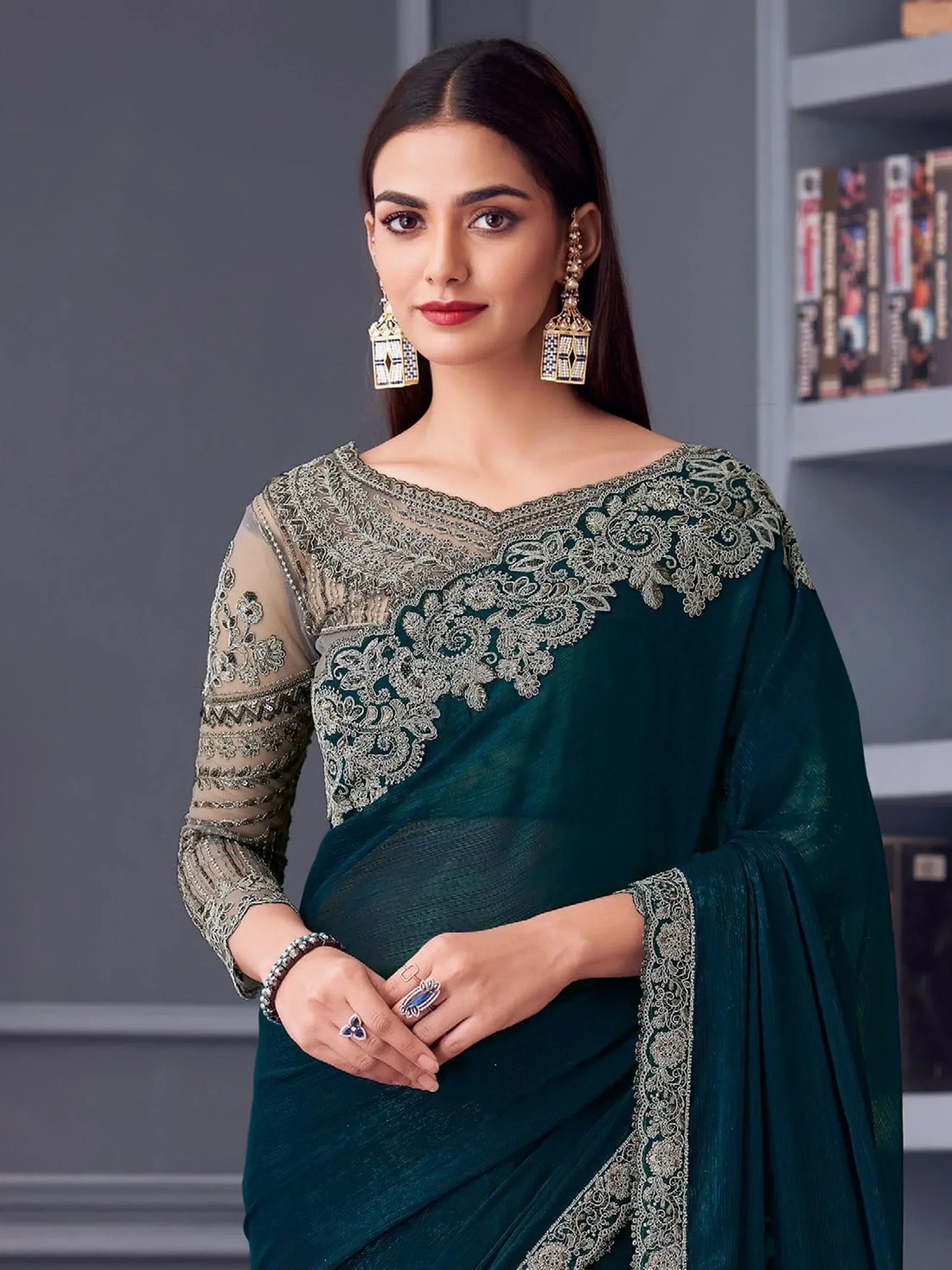 Beautiful Teal Blue Heavy Lace Work Georgette Wedding Saree - Zeel Clothing