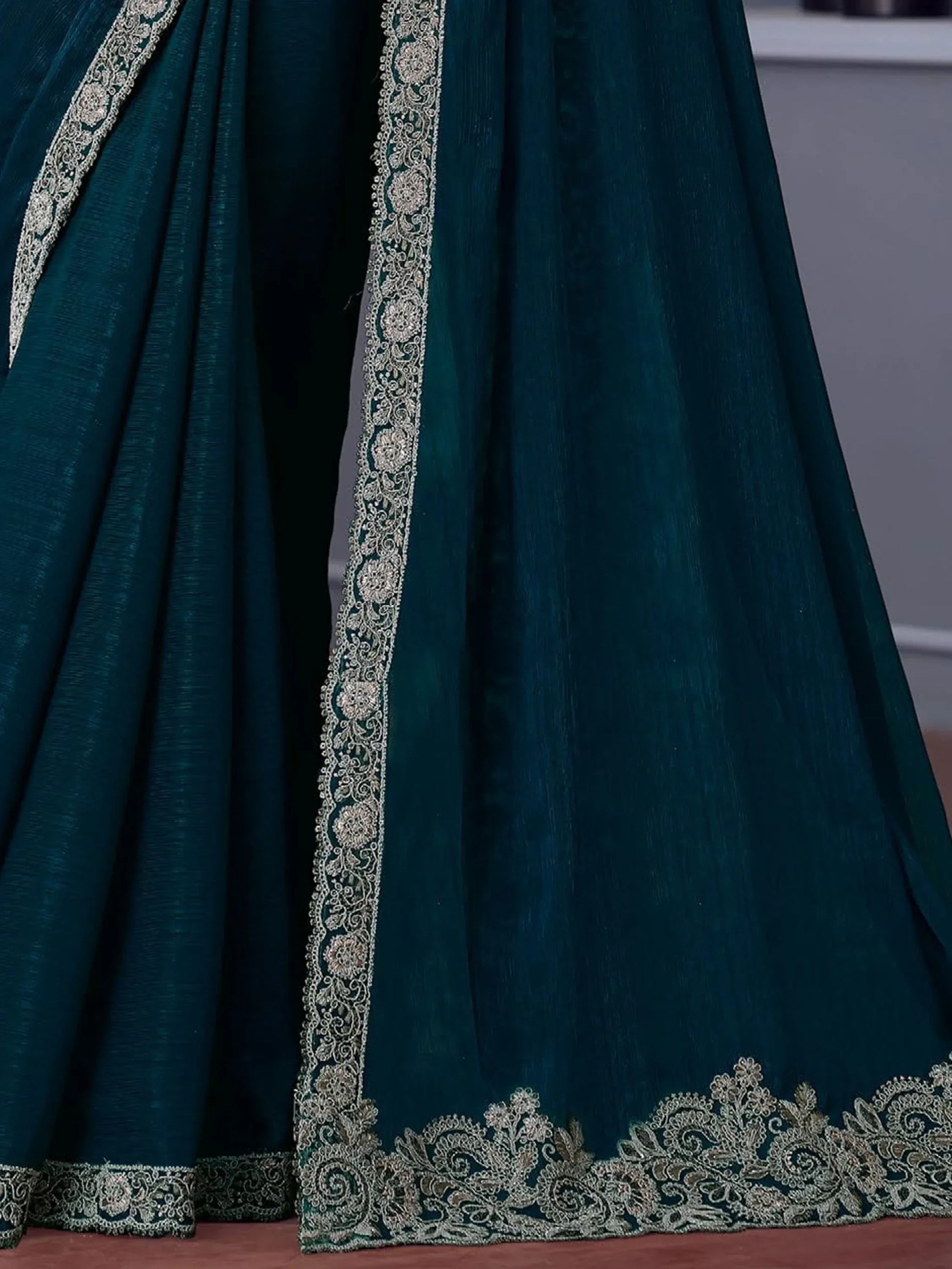 Beautiful Teal Blue Heavy Lace Work Georgette Wedding Saree - Zeel Clothing