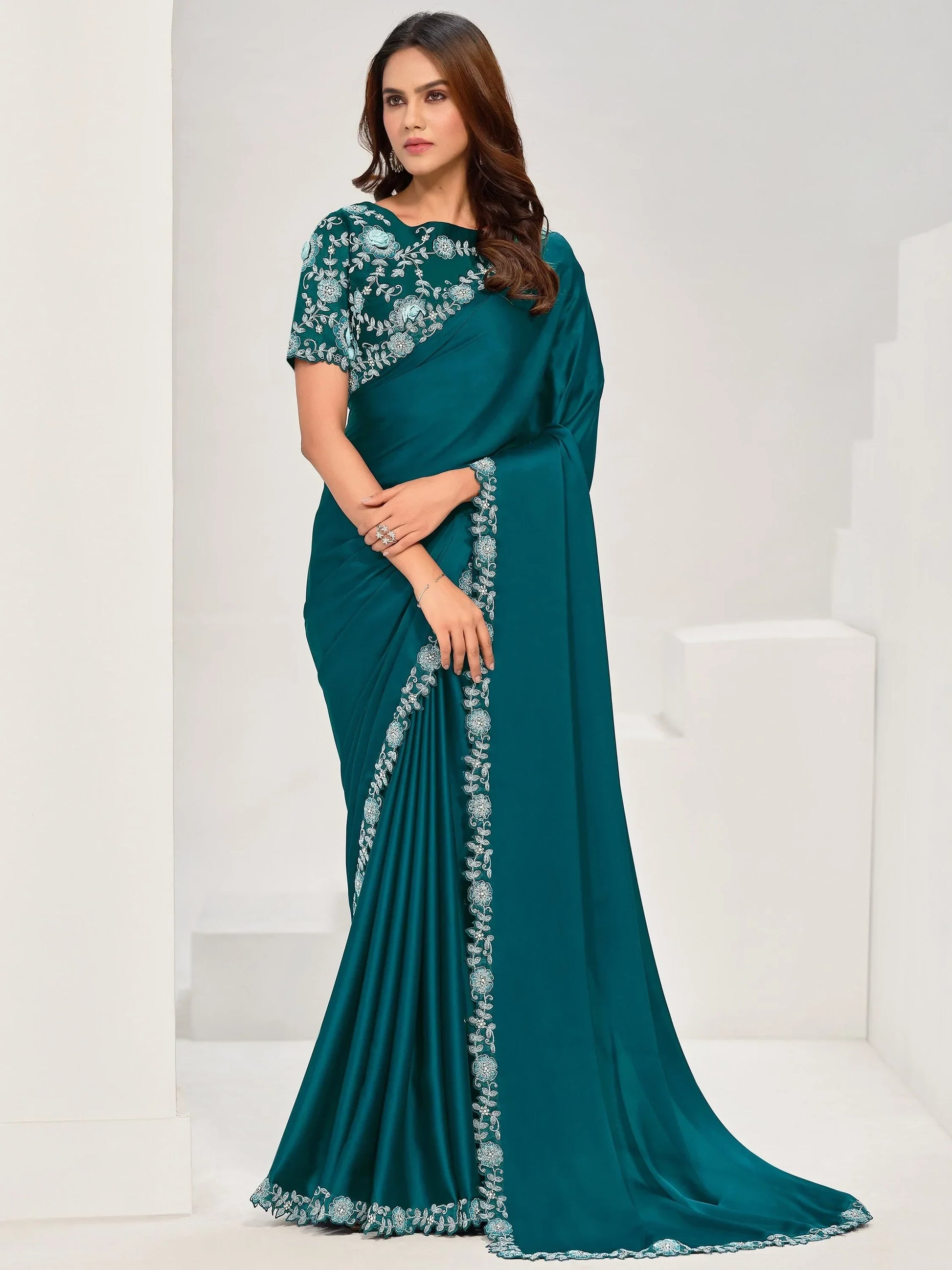 Beautiful Teal Blue Lace Work Satin Party Wear Saree With Blouse - Zeel Clothing
