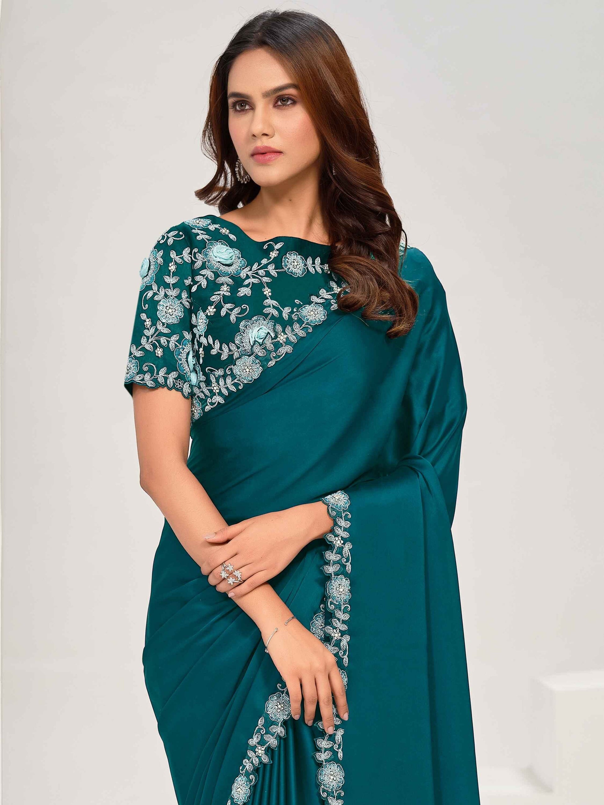 Beautiful Teal Blue Lace Work Satin Party Wear Saree With Blouse - Zeel Clothing