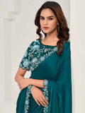 Beautiful Teal Blue Lace Work Satin Party Wear Saree With Blouse - Zeel Clothing