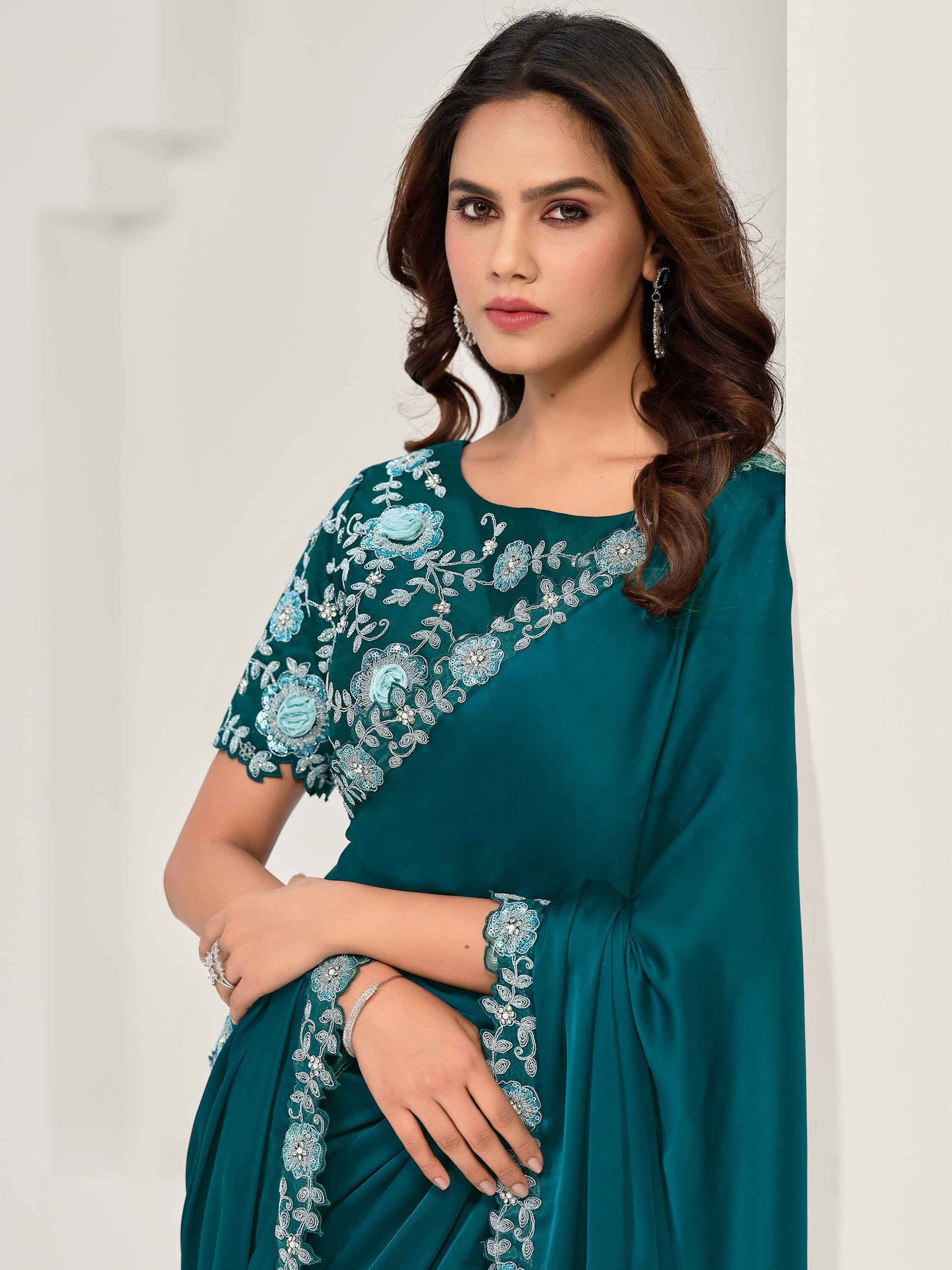 Beautiful Teal Blue Lace Work Satin Party Wear Saree With Blouse - Zeel Clothing