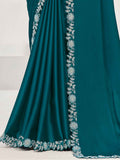 Beautiful Teal Blue Lace Work Satin Party Wear Saree With Blouse - Zeel Clothing