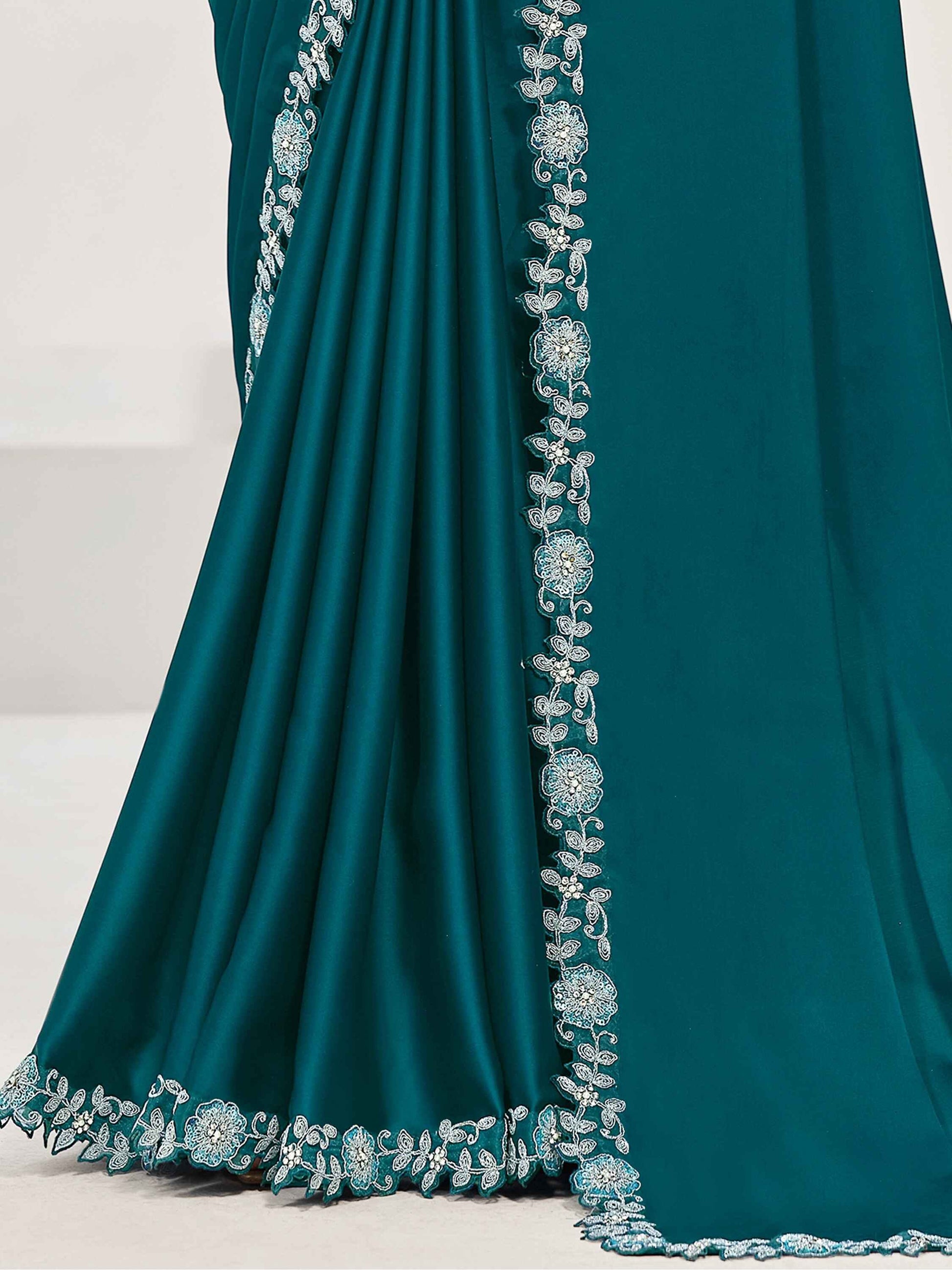 Beautiful Teal Blue Lace Work Satin Party Wear Saree With Blouse - Zeel Clothing