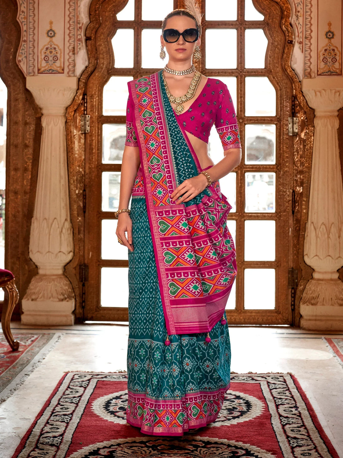Beautiful Teal Blue Patola Printed Silk Festival Wear Saree With Blouse - Zeel Clothing