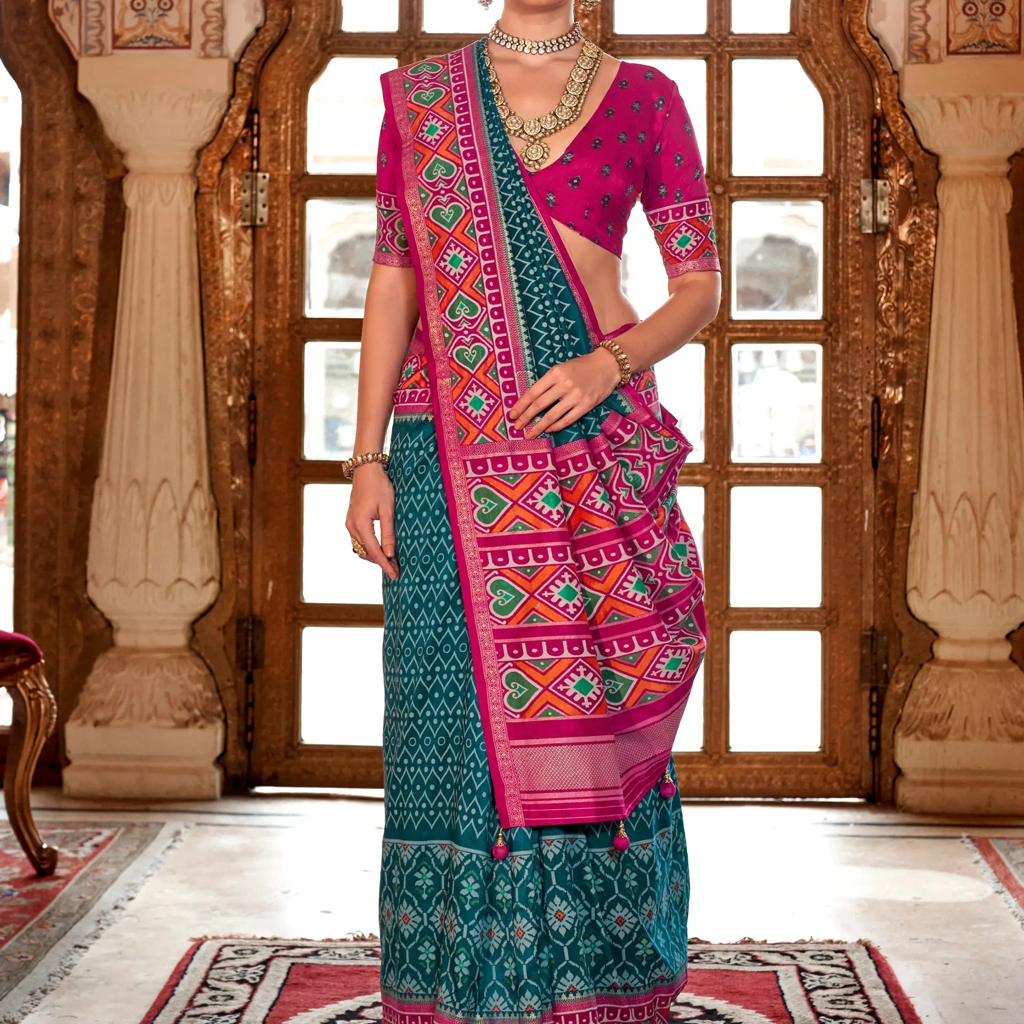 Beautiful Teal Blue Patola Printed Silk Festival Wear Saree With Blouse - Zeel Clothing