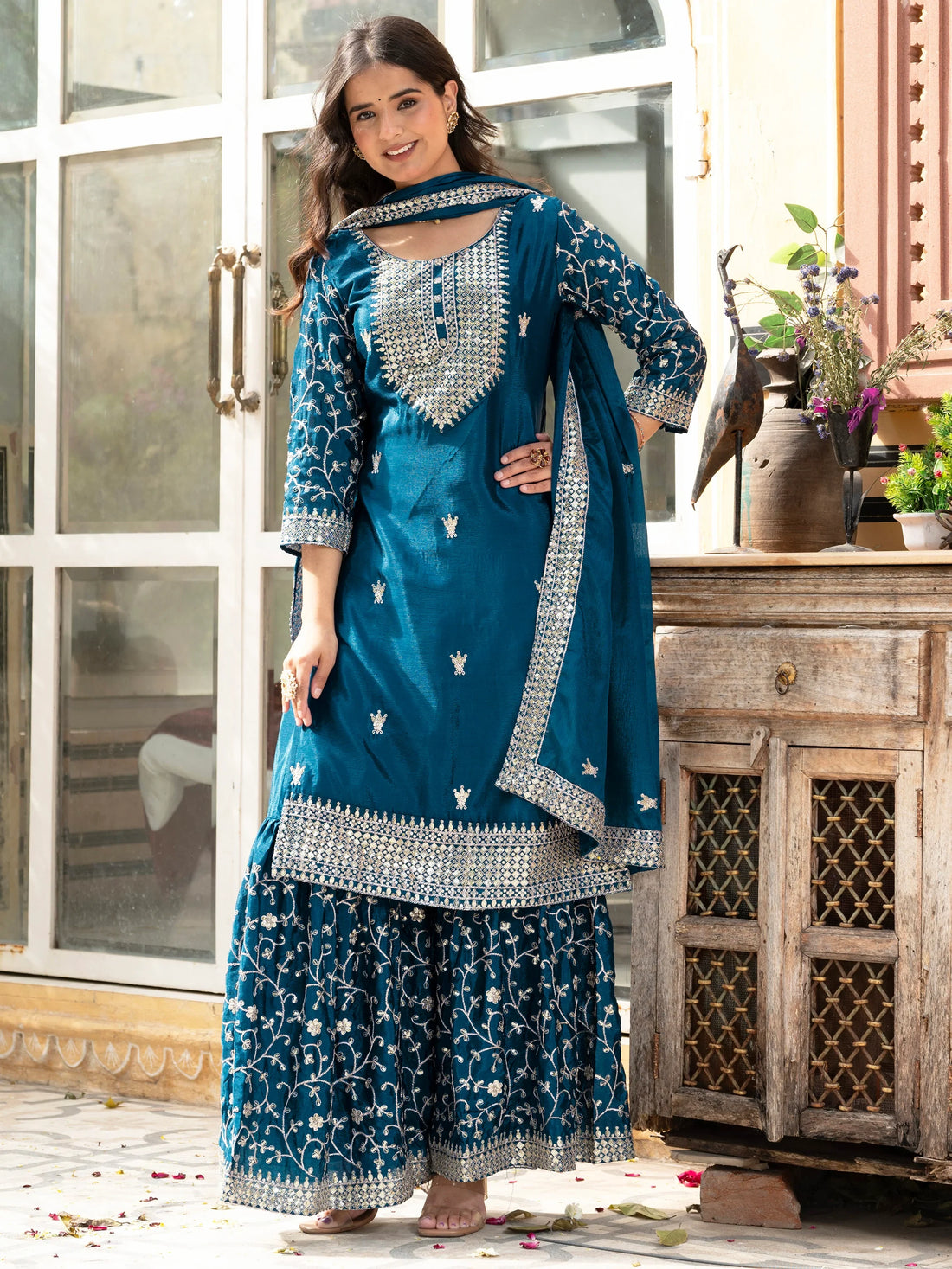 Beautiful Teal Blue Sequins Chinon Event Wear Sharara Suit With Dupatta - Zeel Clothing