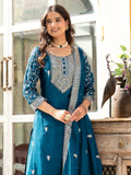 Beautiful Teal Blue Sequins Chinon Event Wear Sharara Suit With Dupatta - Zeel Clothing