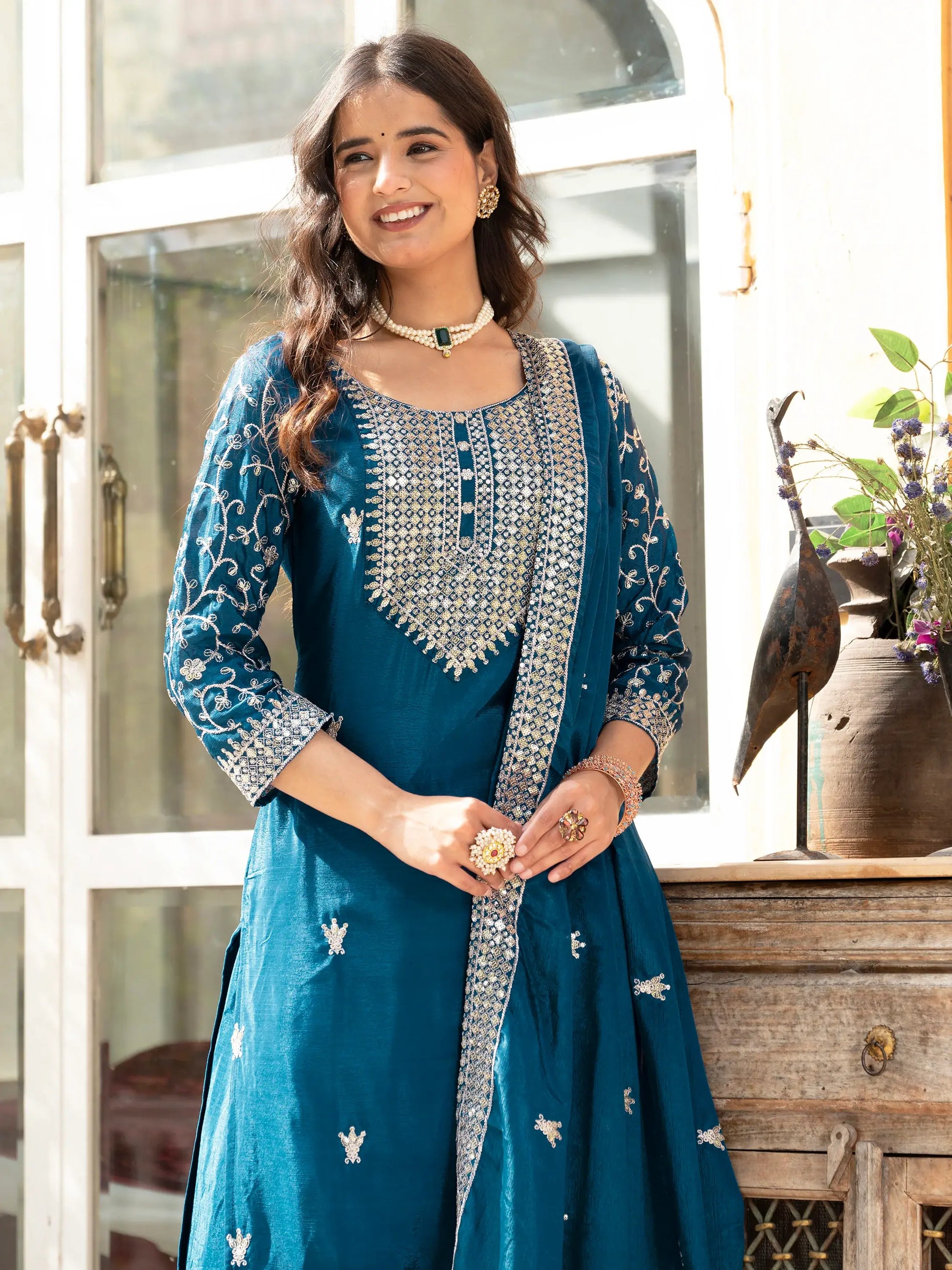 Beautiful Teal Blue Sequins Chinon Event Wear Sharara Suit With Dupatta - Zeel Clothing