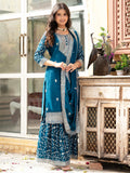 Beautiful Teal Blue Sequins Chinon Event Wear Sharara Suit With Dupatta - Zeel Clothing