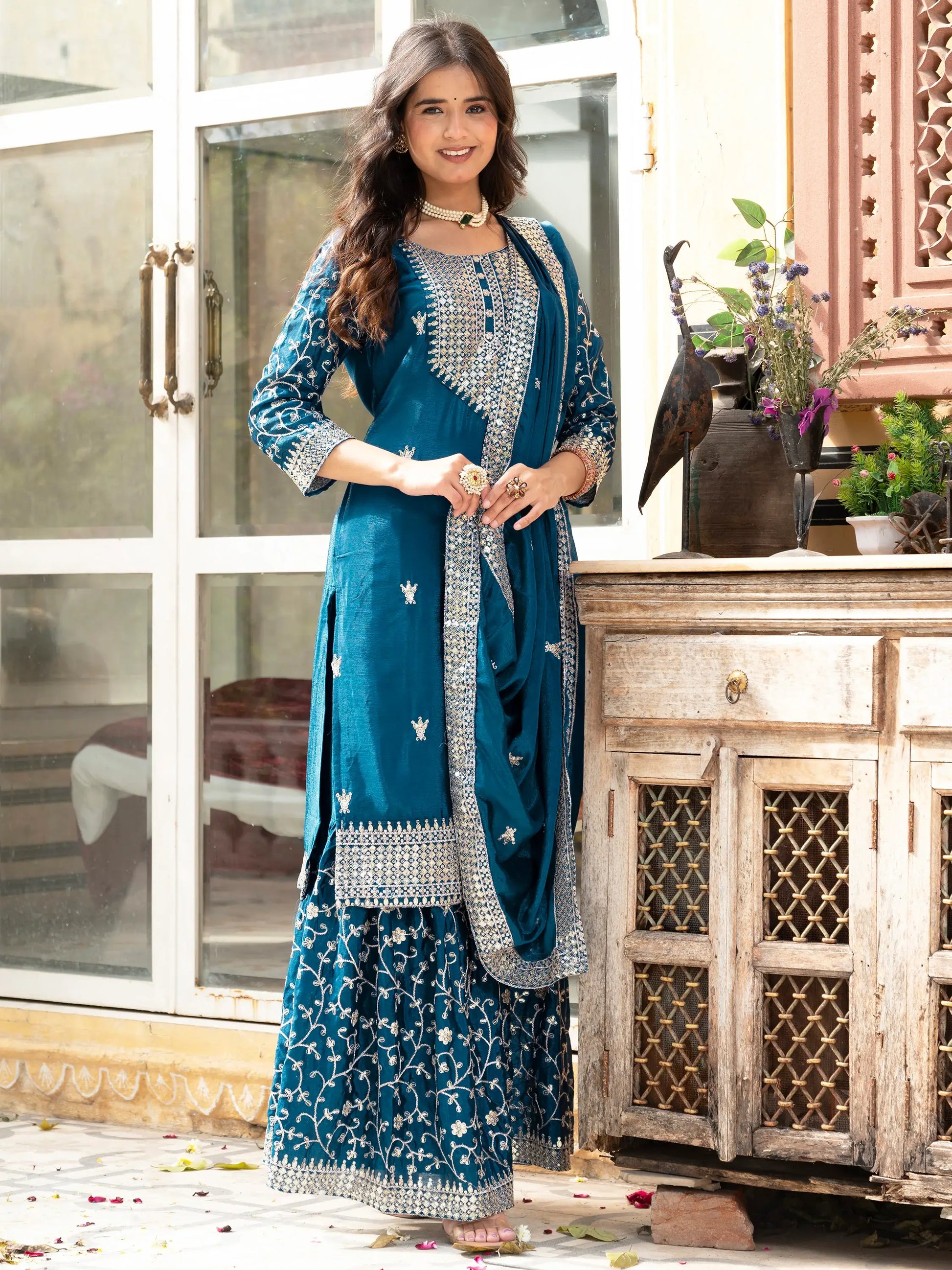 Beautiful Teal Blue Sequins Chinon Event Wear Sharara Suit With Dupatta - Zeel Clothing