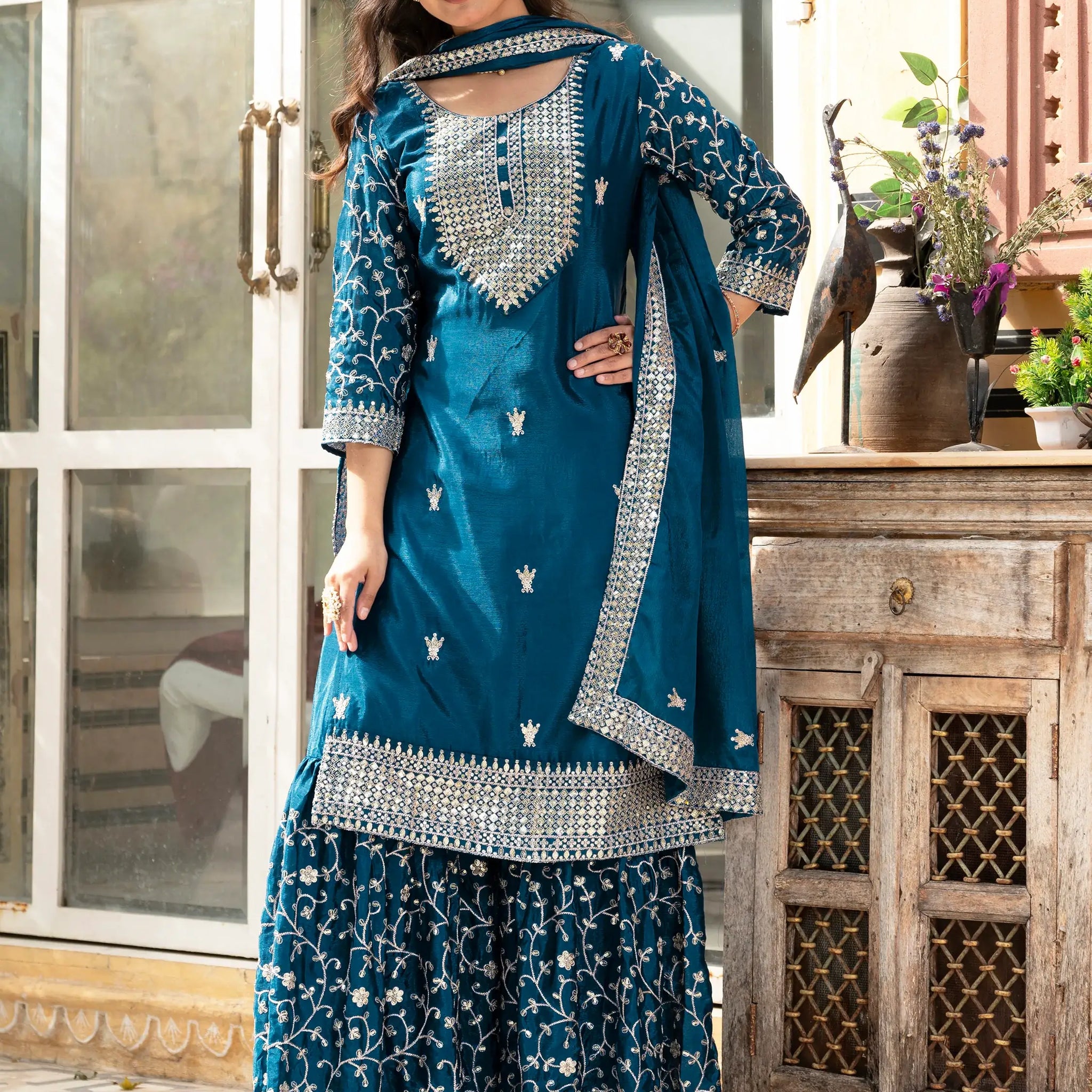 Beautiful Teal Blue Sequins Chinon Event Wear Sharara Suit With Dupatta - Zeel Clothing