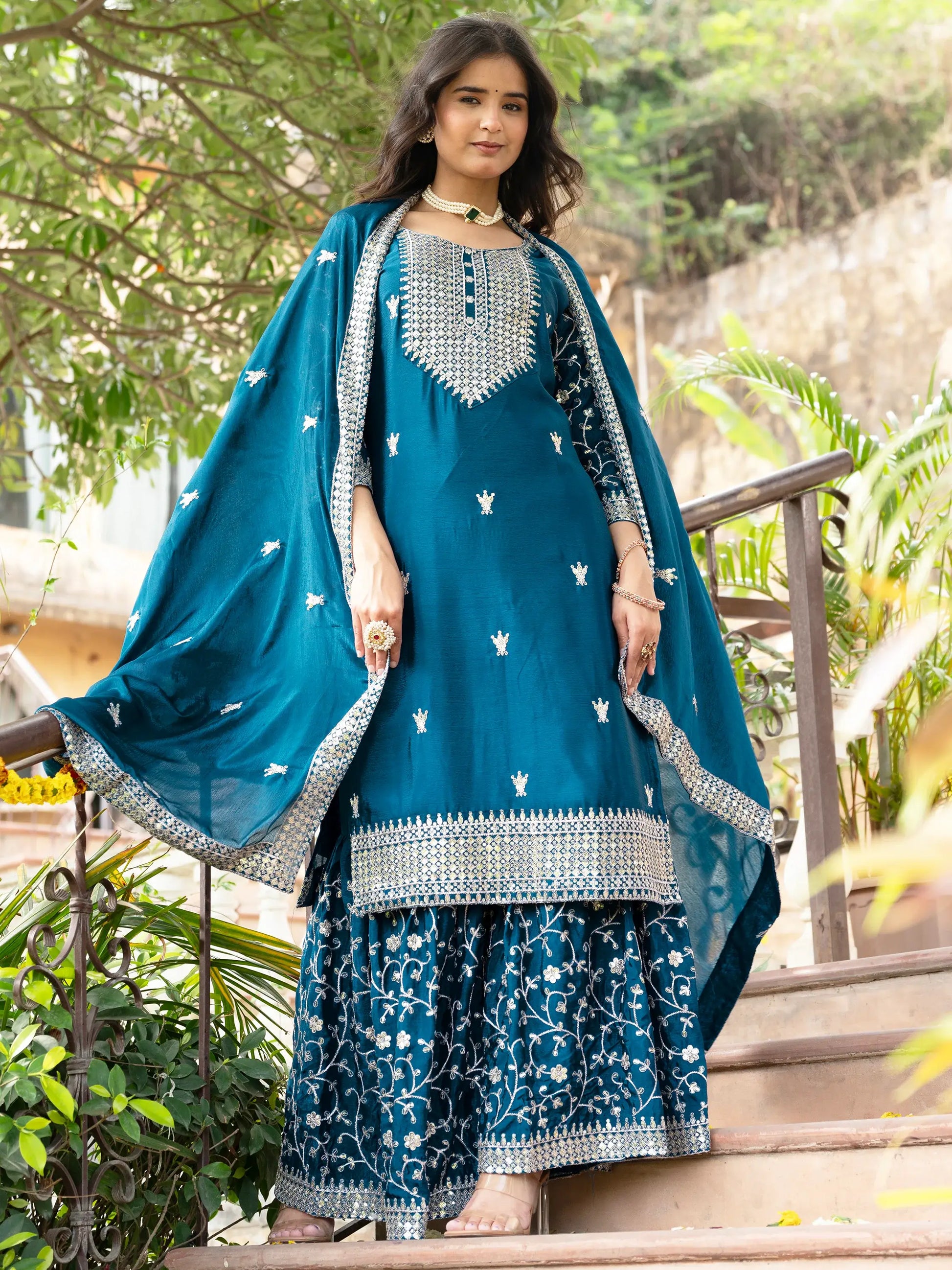 Beautiful Teal Blue Sequins Chinon Event Wear Sharara Suit With Dupatta - Zeel Clothing