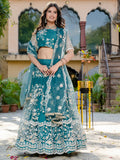 Beautiful Teal Blue Thread Embroidered Net Designer Lehenga Choli - Zeel Clothing