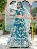 Beautiful Teal Blue Thread Embroidered Net Designer Lehenga Choli - Zeel Clothing