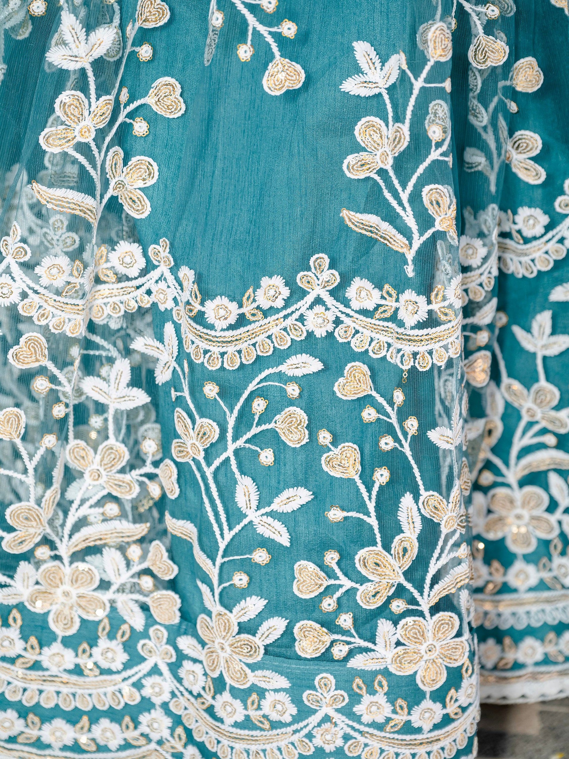 Beautiful Teal Blue Thread Embroidered Net Designer Lehenga Choli - Zeel Clothing