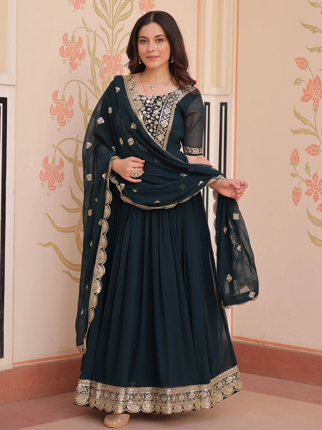 Beautiful Teal Blue Zari Embroidered Georgette Function Wear Gown With Dupatta - Zeel Clothing