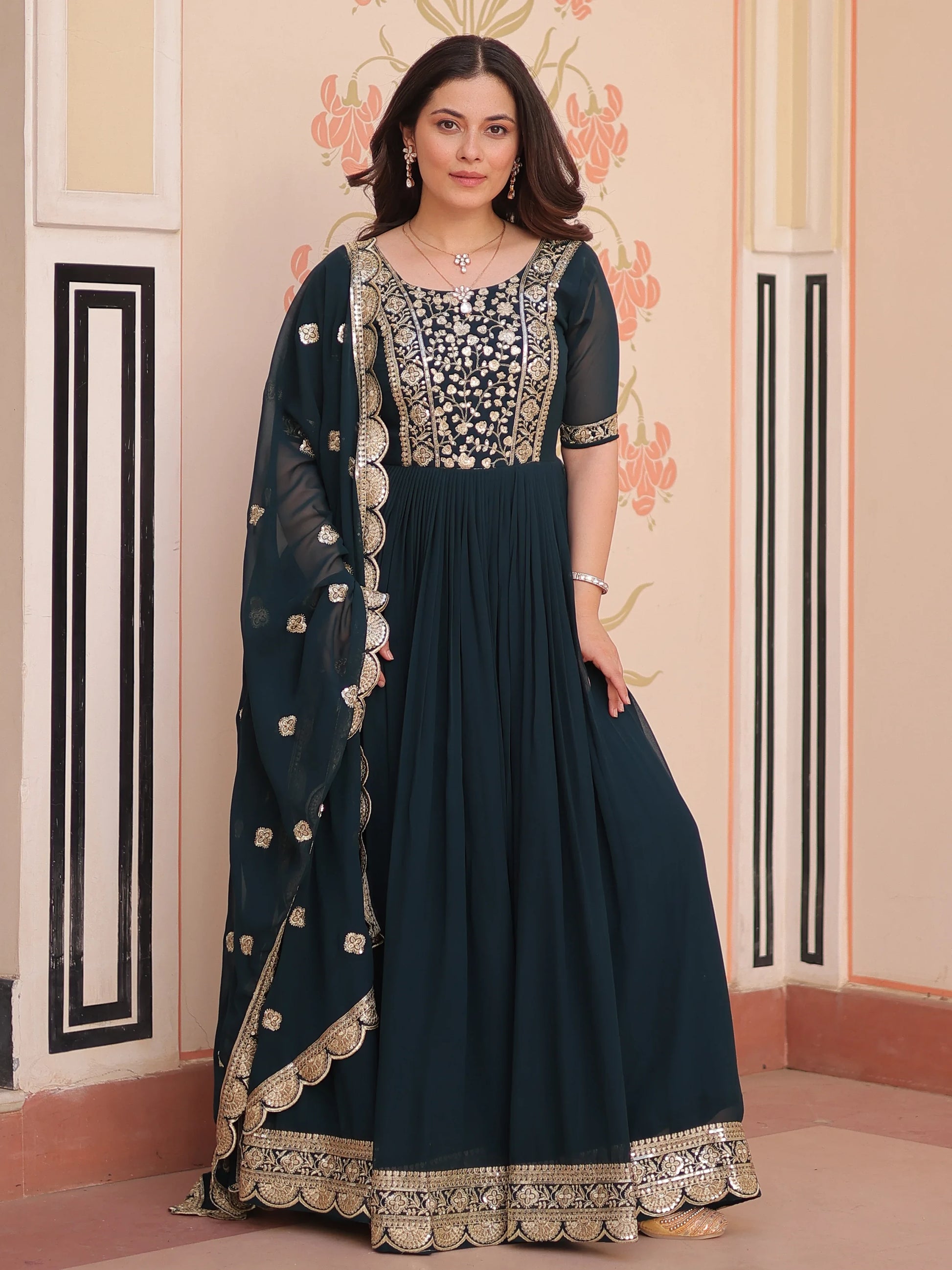 Beautiful Teal Blue Zari Embroidered Georgette Function Wear Gown With Dupatta - Zeel Clothing