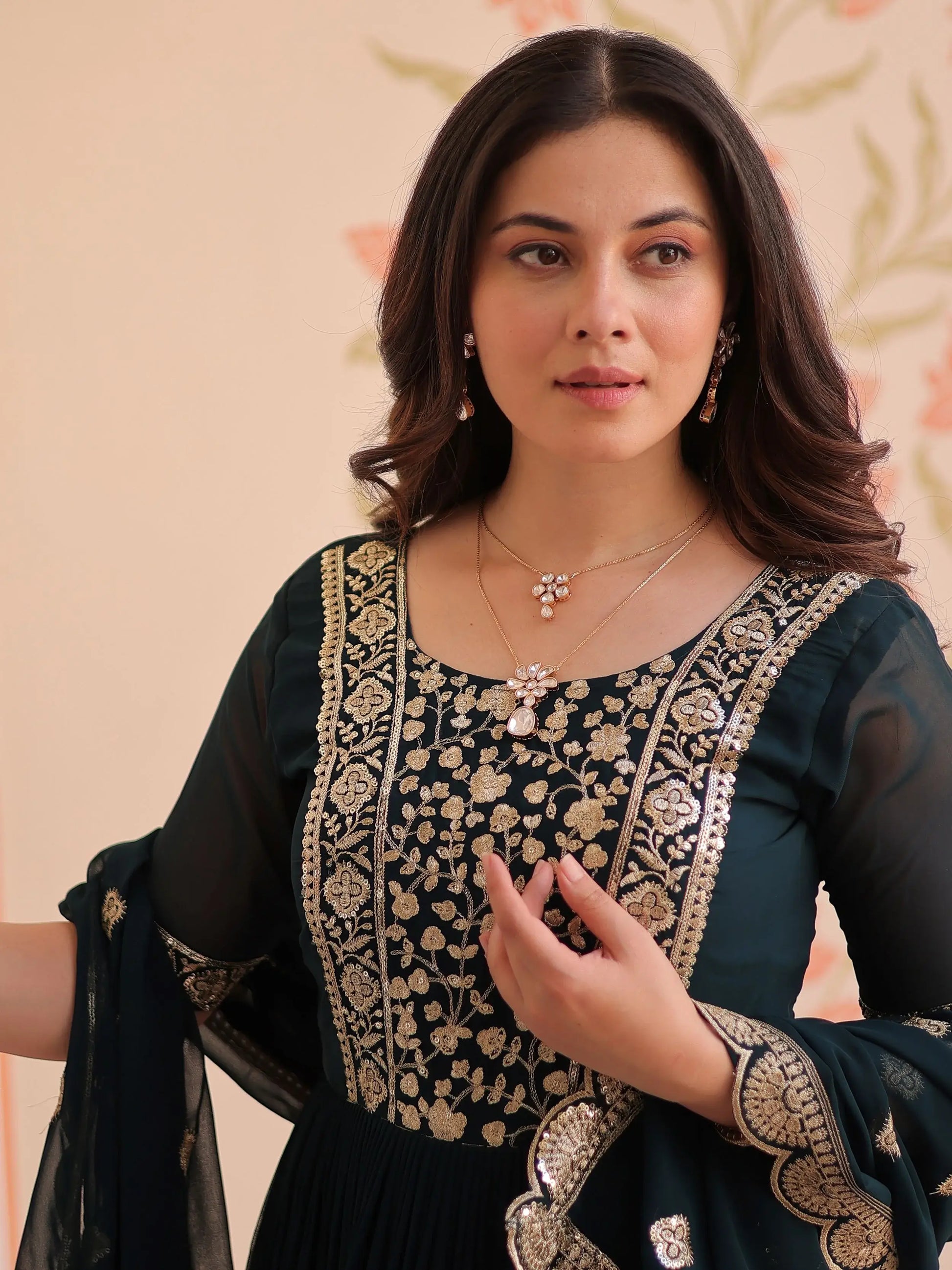 Beautiful Teal Blue Zari Embroidered Georgette Function Wear Gown With Dupatta - Zeel Clothing