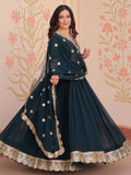 Beautiful Teal Blue Zari Embroidered Georgette Function Wear Gown With Dupatta - Zeel Clothing