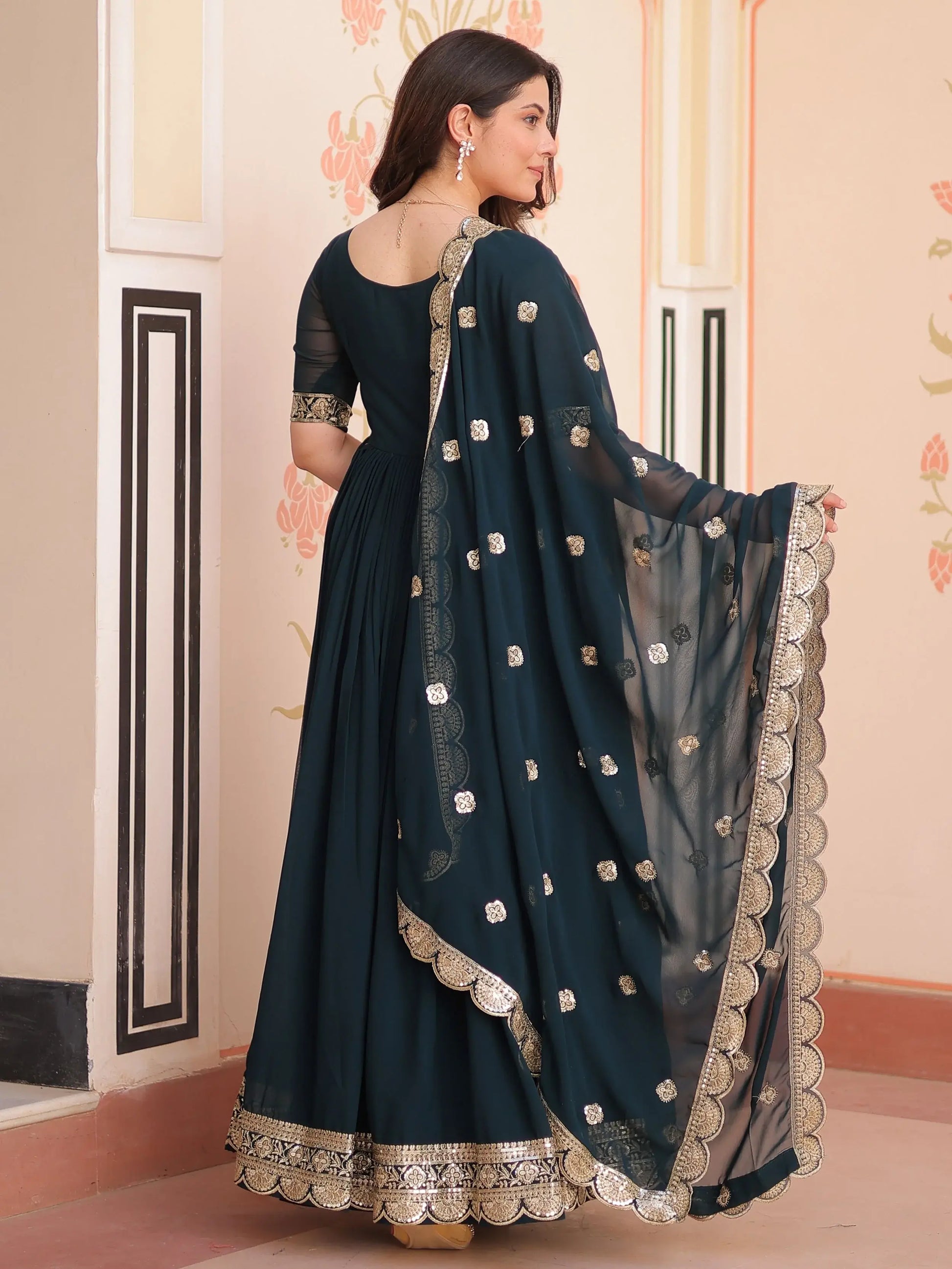 Beautiful Teal Blue Zari Embroidered Georgette Function Wear Gown With Dupatta - Zeel Clothing