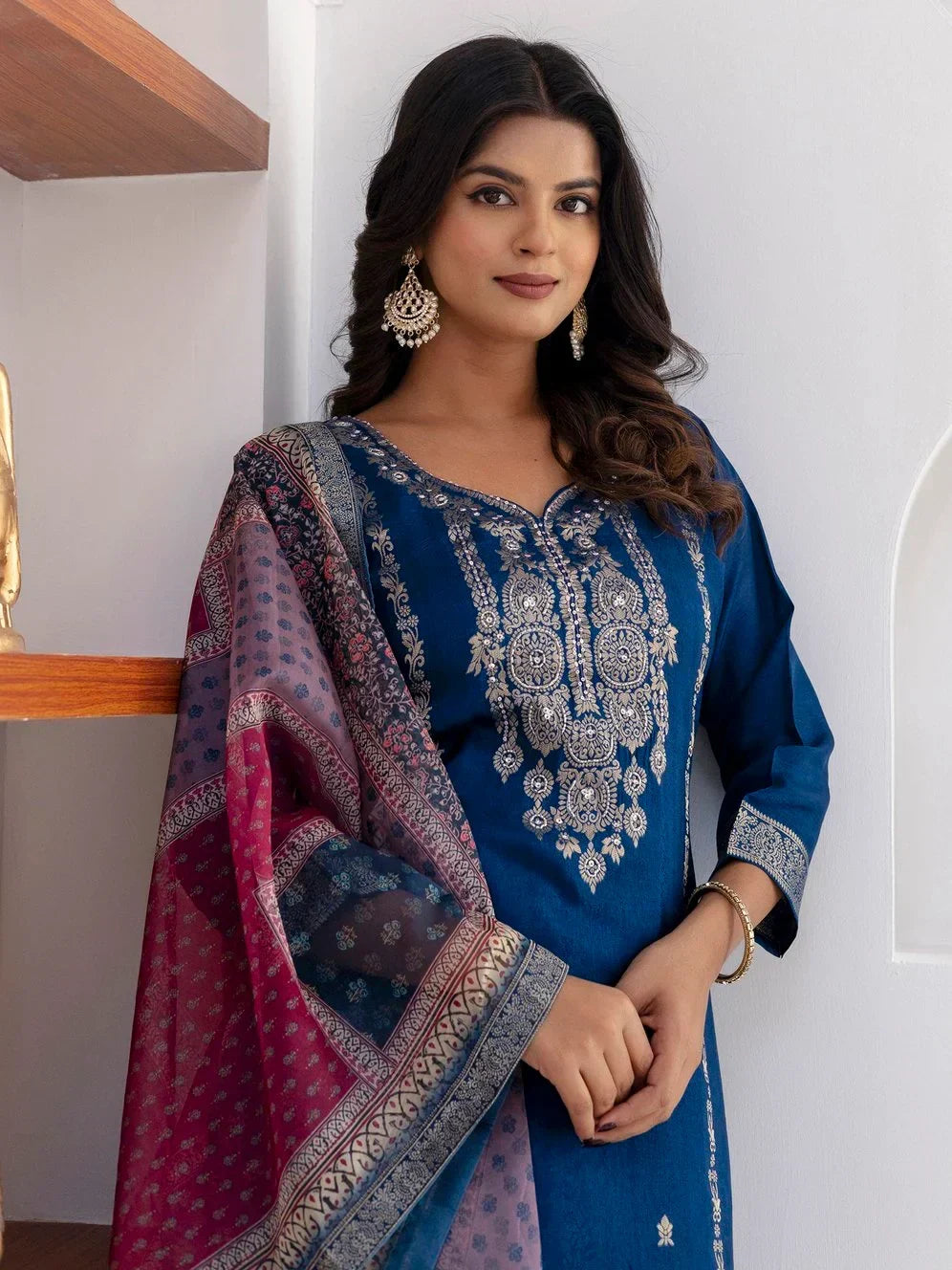Beautiful Teal Blue Zari Weaving Viscose Silk Pant Suit With Printed Dupatta - Zeel Clothing