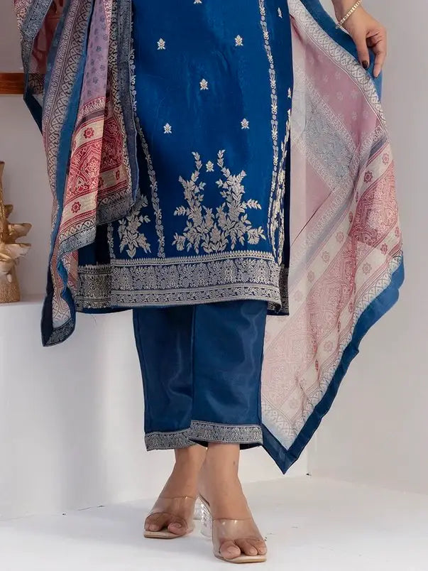 Beautiful Teal Blue Zari Weaving Viscose Silk Pant Suit With Printed Dupatta - Zeel Clothing