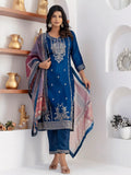 Beautiful Teal Blue Zari Weaving Viscose Silk Pant Suit With Printed Dupatta - Zeel Clothing