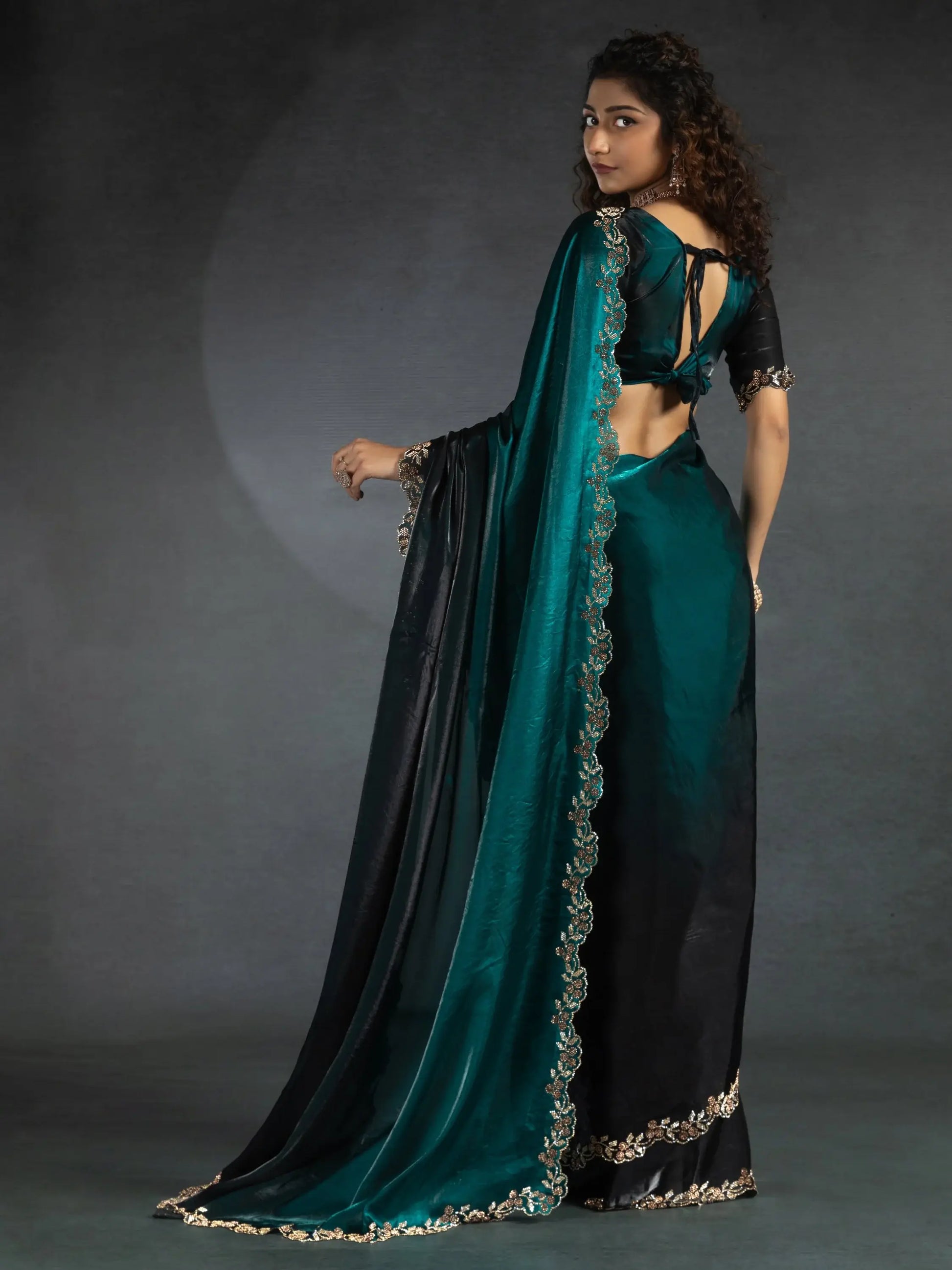 Beautiful Teal Blue Zarkan Work Satin Party Wear Saree With Blouse - Zeel Clothing