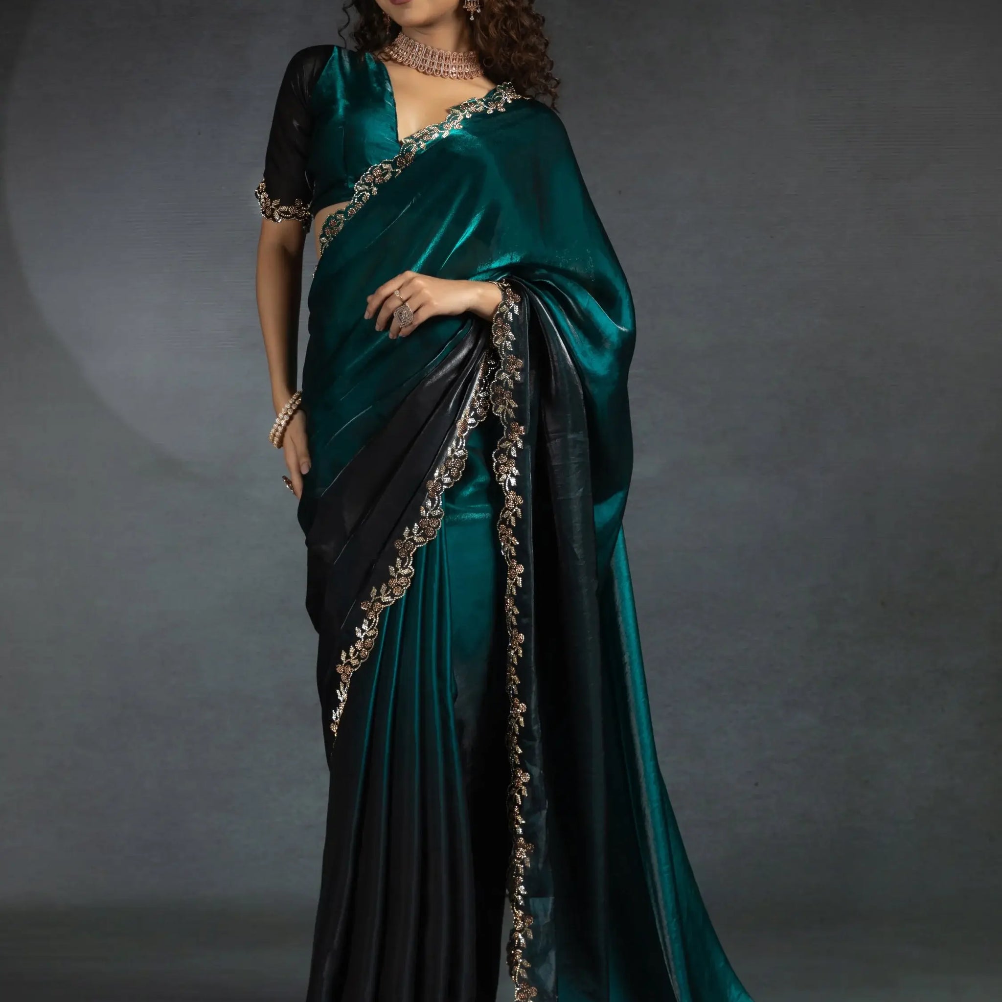 Beautiful Teal Blue Zarkan Work Satin Party Wear Saree With Blouse - Zeel Clothing