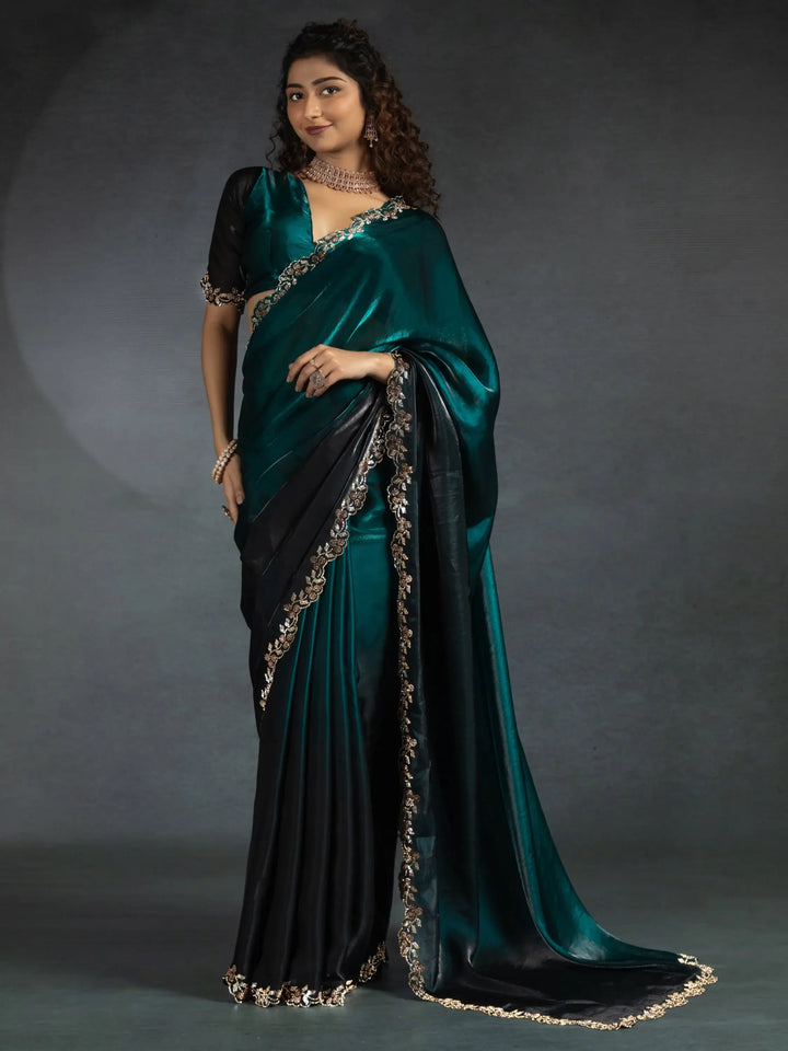Beautiful Teal Blue Zarkan Work Satin Party Wear Saree With Blouse - Zeel Clothing