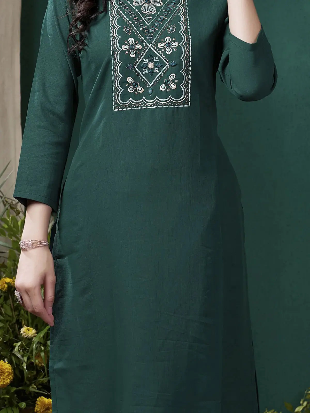 Beautiful Teal Green Embroidered Cotton Office Wear Kurti With Pant - Zeel Clothing