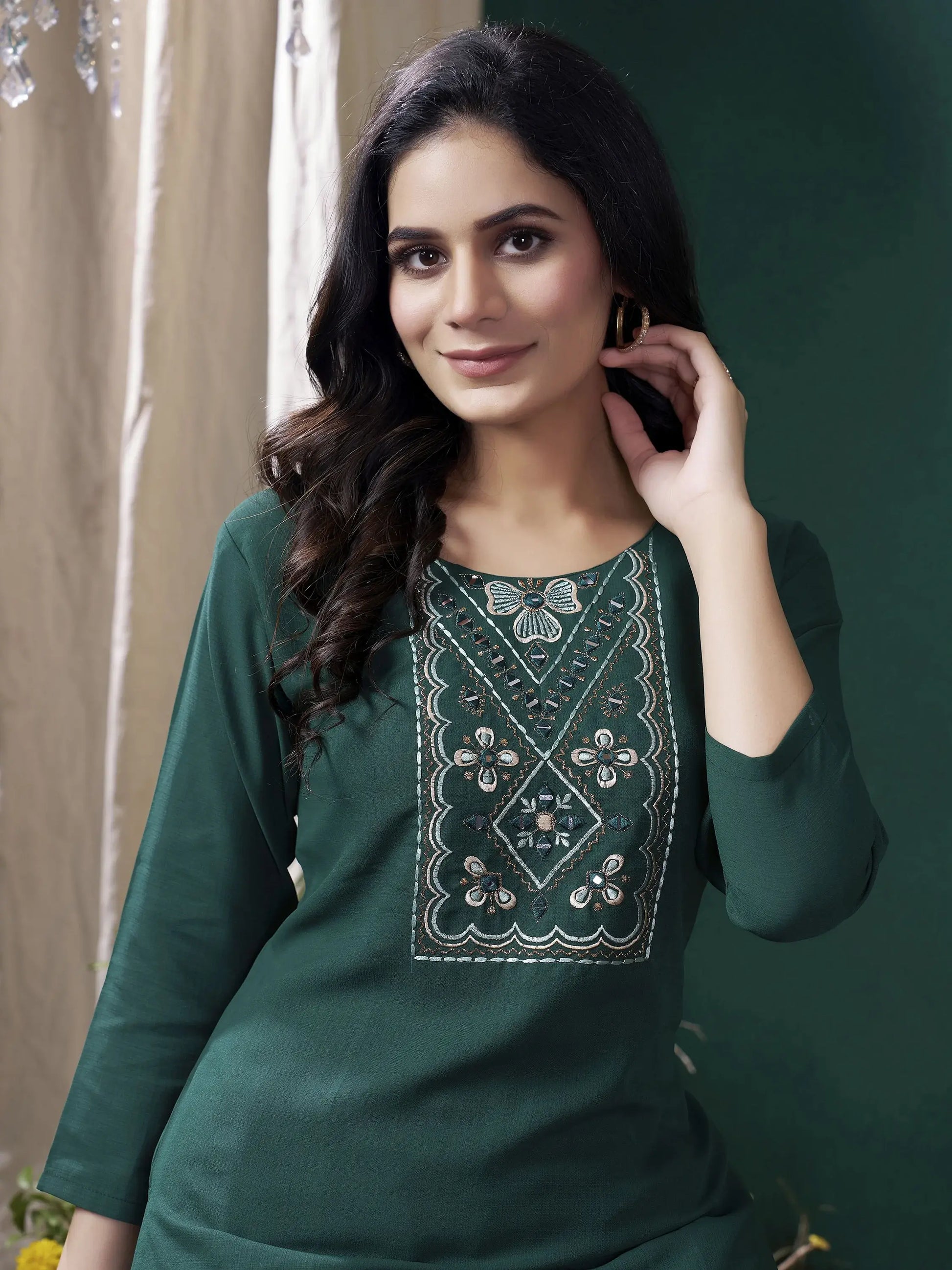 Beautiful Teal Green Embroidered Cotton Office Wear Kurti With Pant - Zeel Clothing
