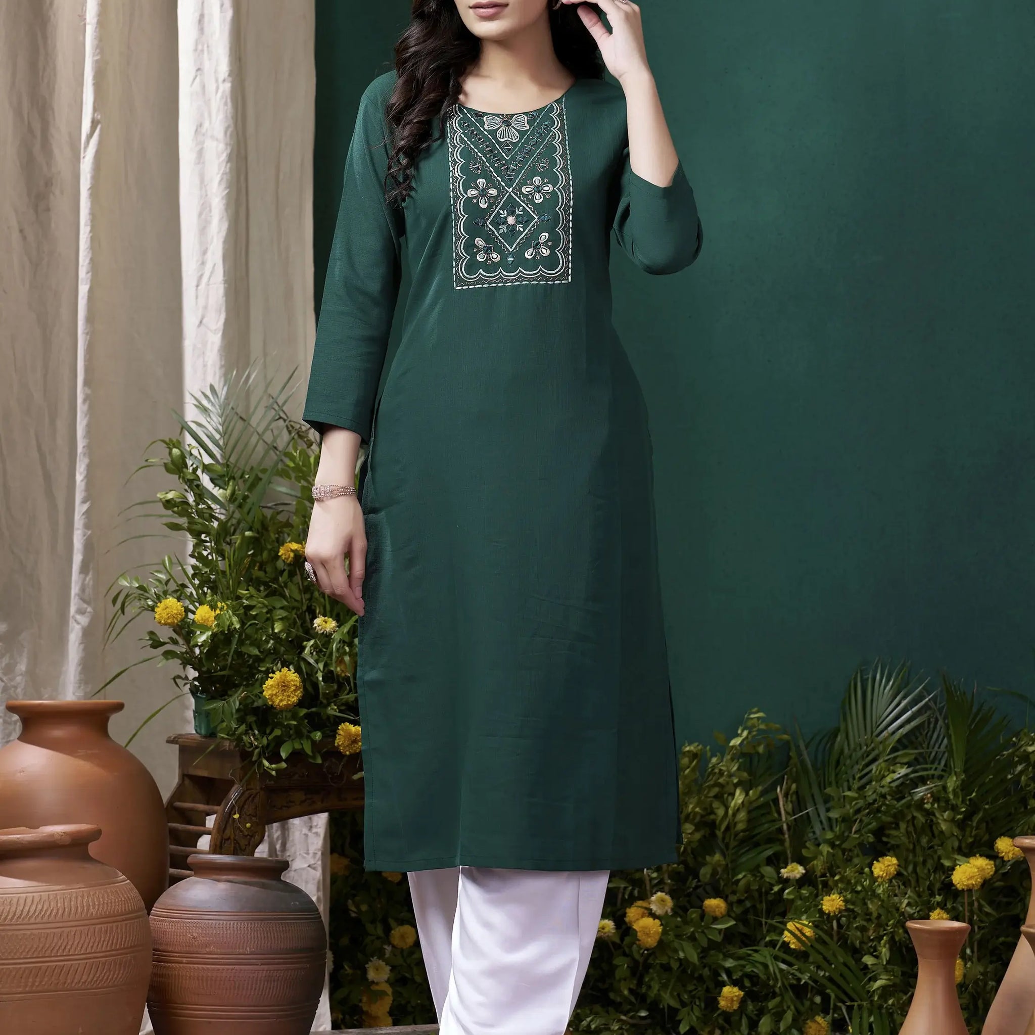 Beautiful Teal Green Embroidered Cotton Office Wear Kurti With Pant - Zeel Clothing