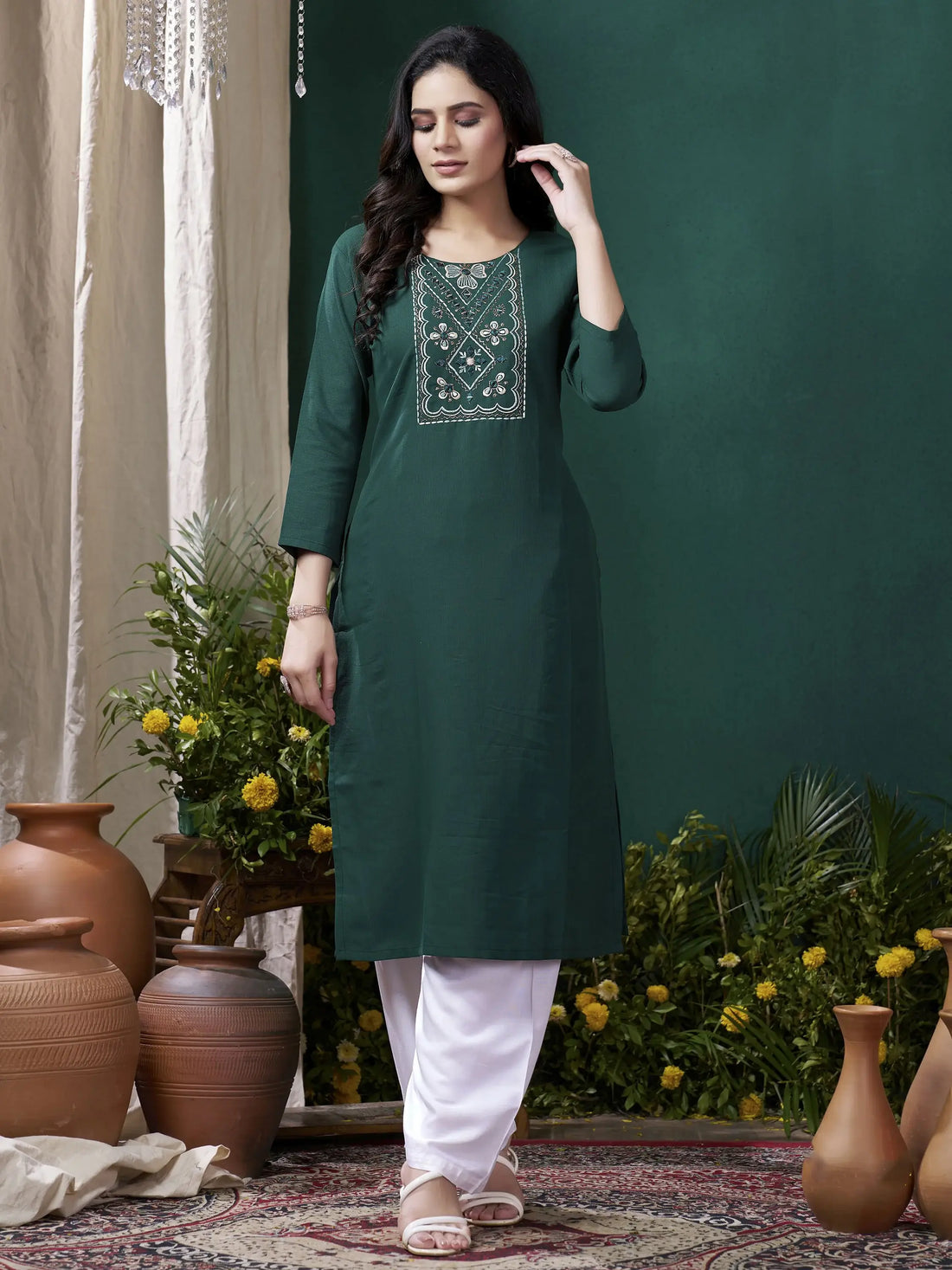 Beautiful Teal Green Embroidered Cotton Office Wear Kurti With Pant - Zeel Clothing