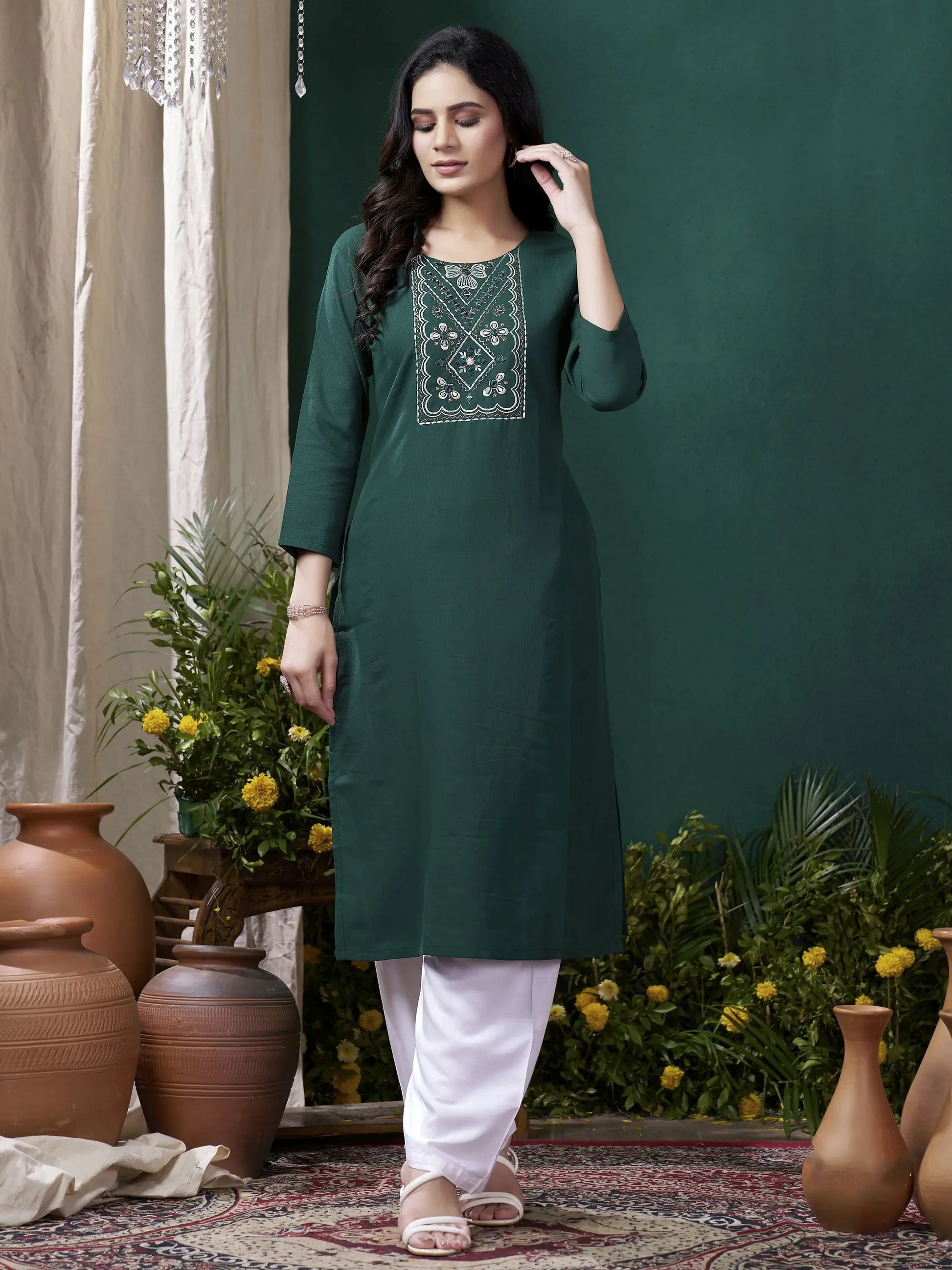 Beautiful Teal Green Embroidered Cotton Office Wear Kurti With Pant - Zeel Clothing