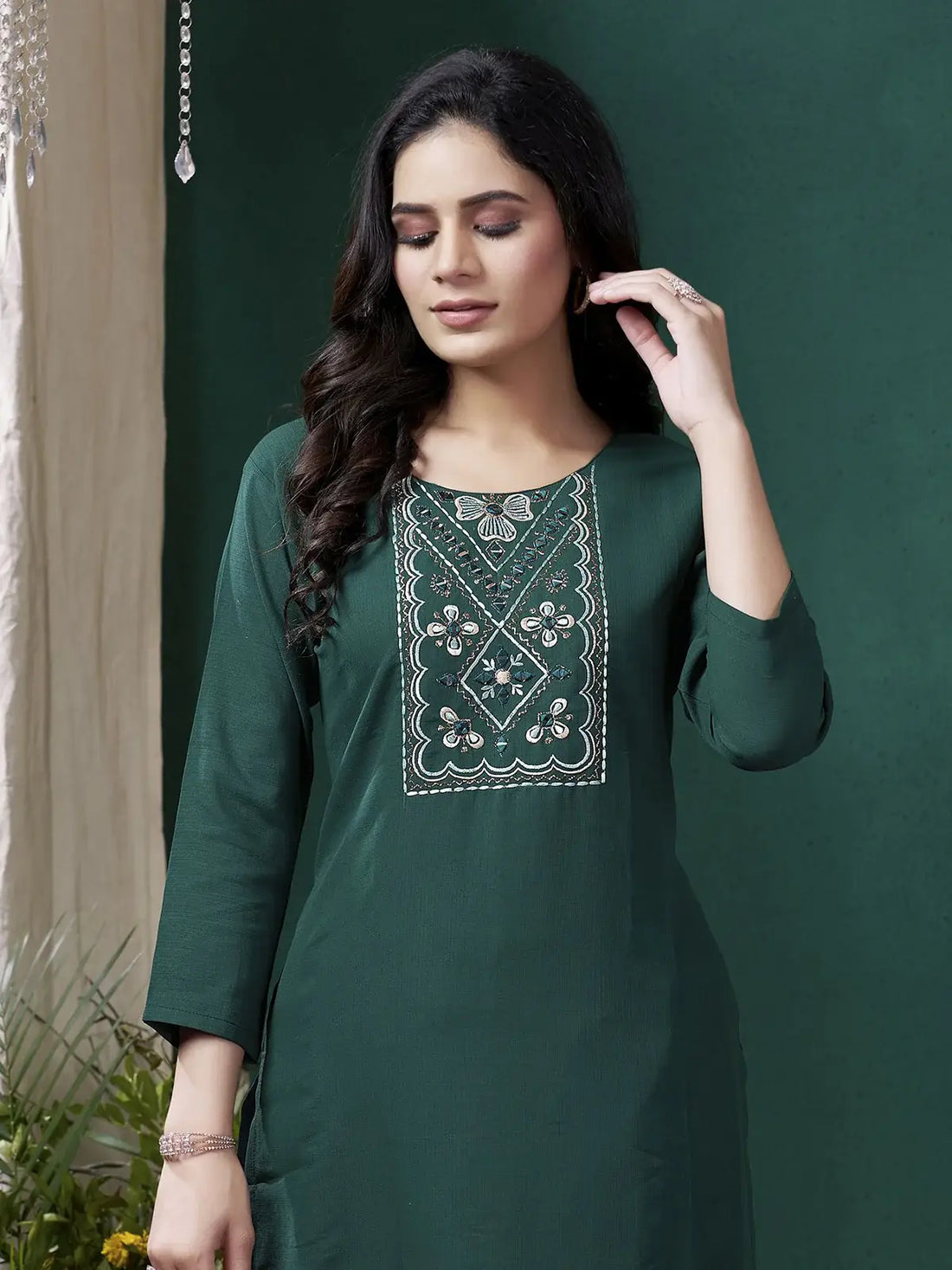 Beautiful Teal Green Embroidered Cotton Office Wear Kurti With Pant - Zeel Clothing